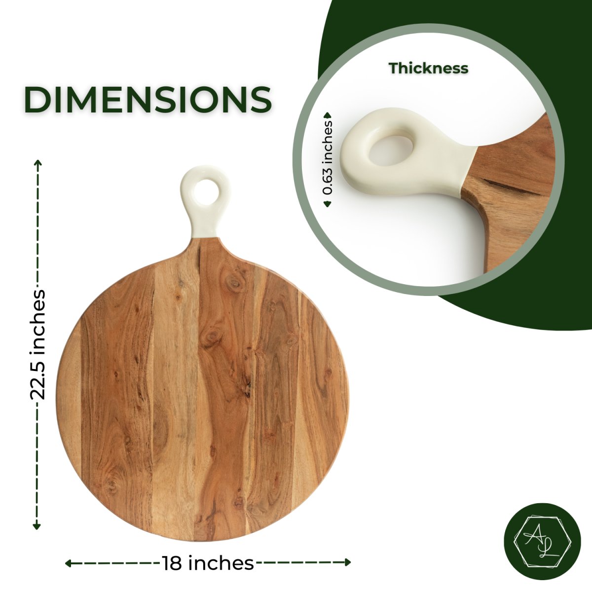 Pizza Peel Shaped Round Pizza Paddle Charcuterie Board with White Enamel Handles dimensions image- Aesthetic Living