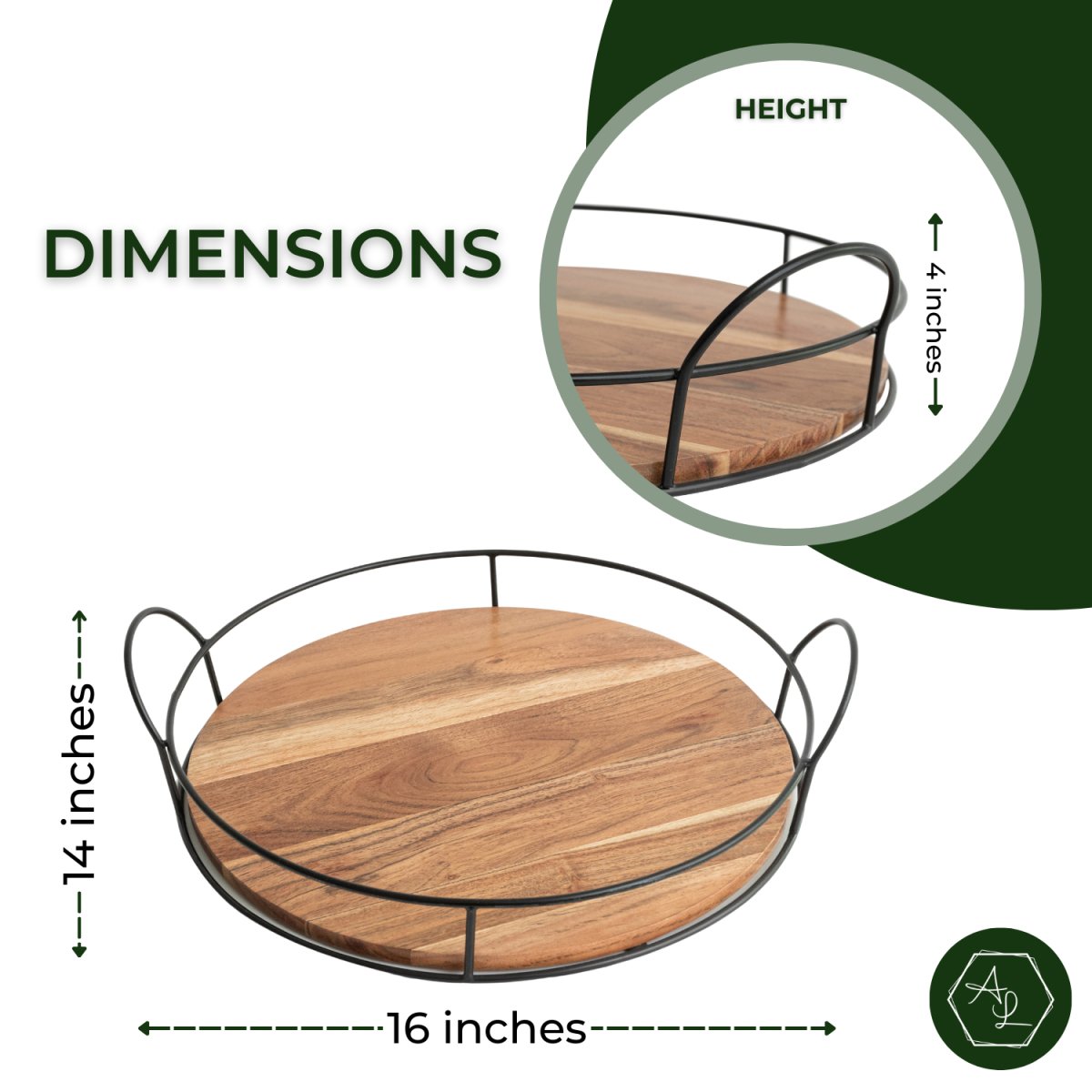 Round Wooden Decor Tray with black metal handles dimensions image- Aesthetic Living