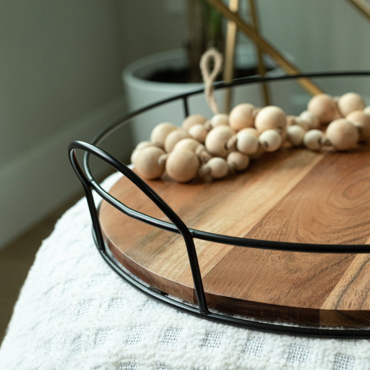 Round Wooden Decor Tray with black metal handles detailed image- Aesthetic Living