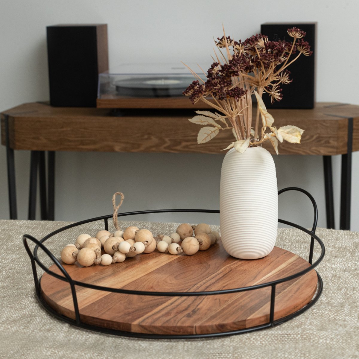Round Wooden Decor Tray with black metal handles lifestyle-in context image - Aesthetic Living