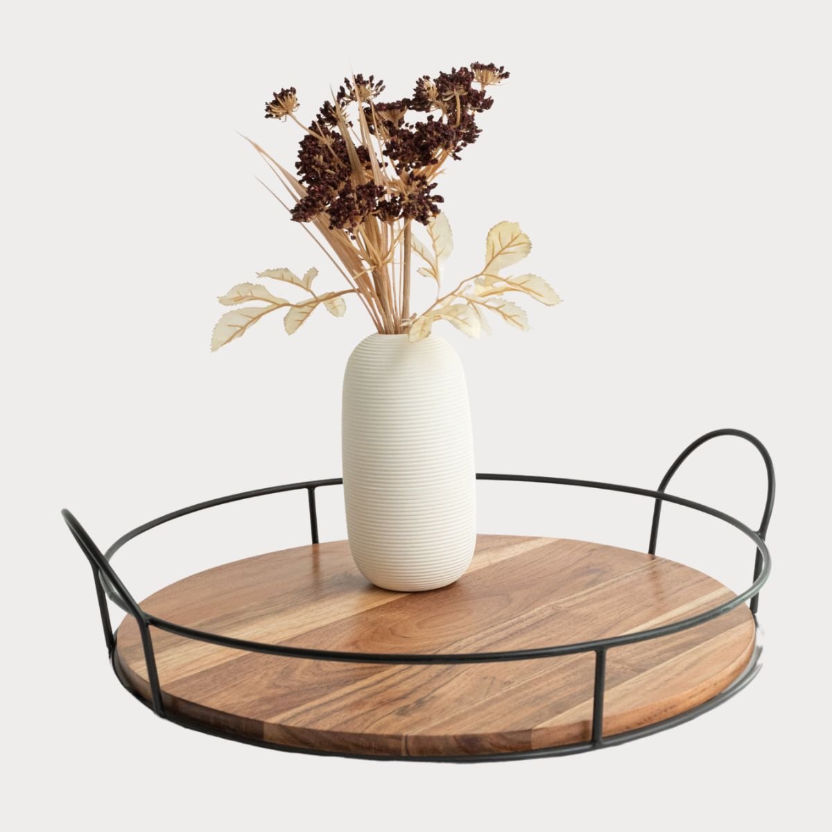 Round Wooden Decor Tray with black metal handles front image - Aesthetic Living