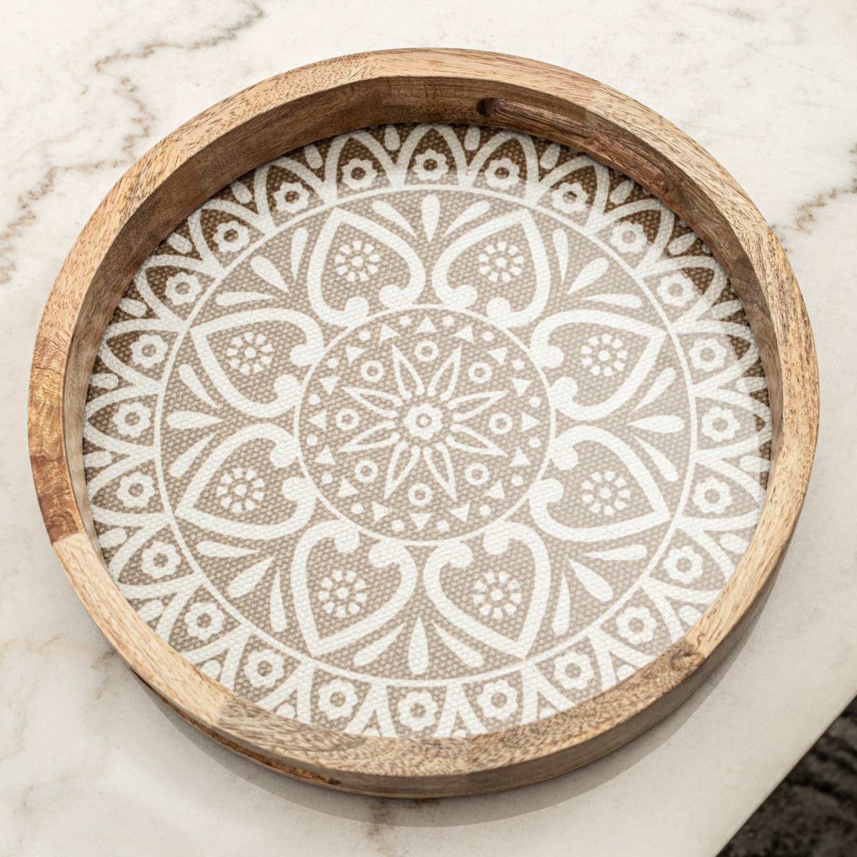 Round Wooden Coffee Table Tray with Knitted Cotton Mat & Glass base top image- Aesthetic Living