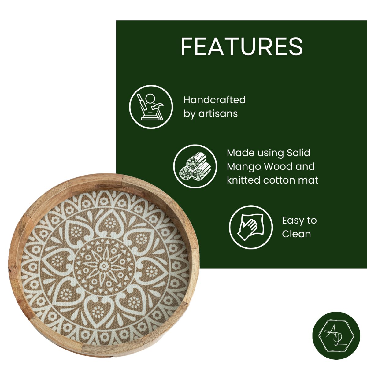 Round Wooden Coffee Table Tray with Knitted Cotton Mat & Glass base features image - Aesthetic Living