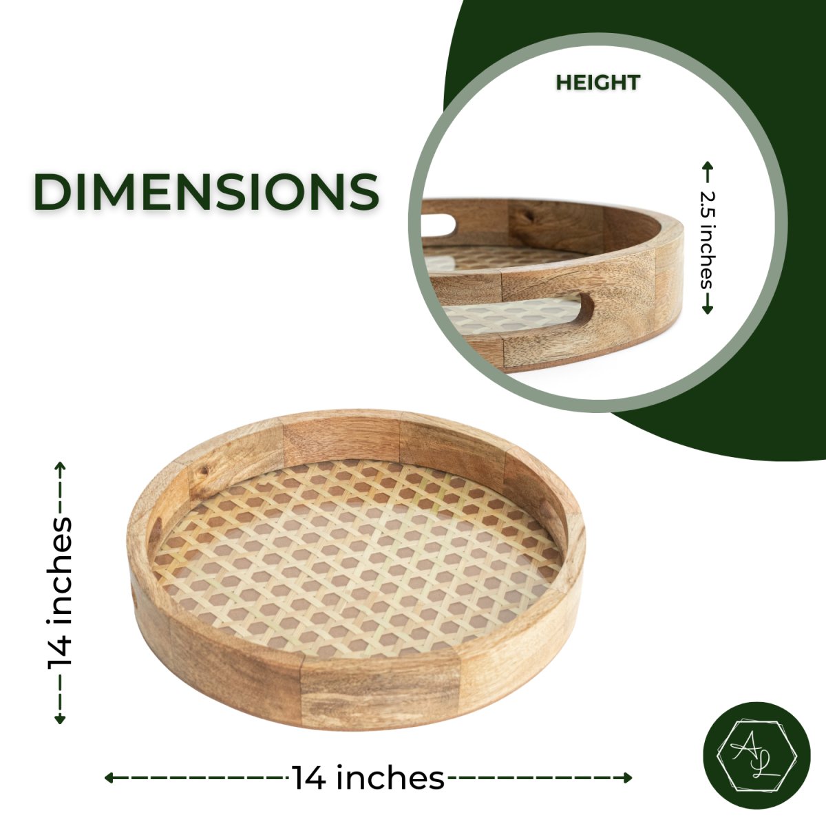 Round Wooden Tray with Rattan Mat & Glass base - Aesthetic Living