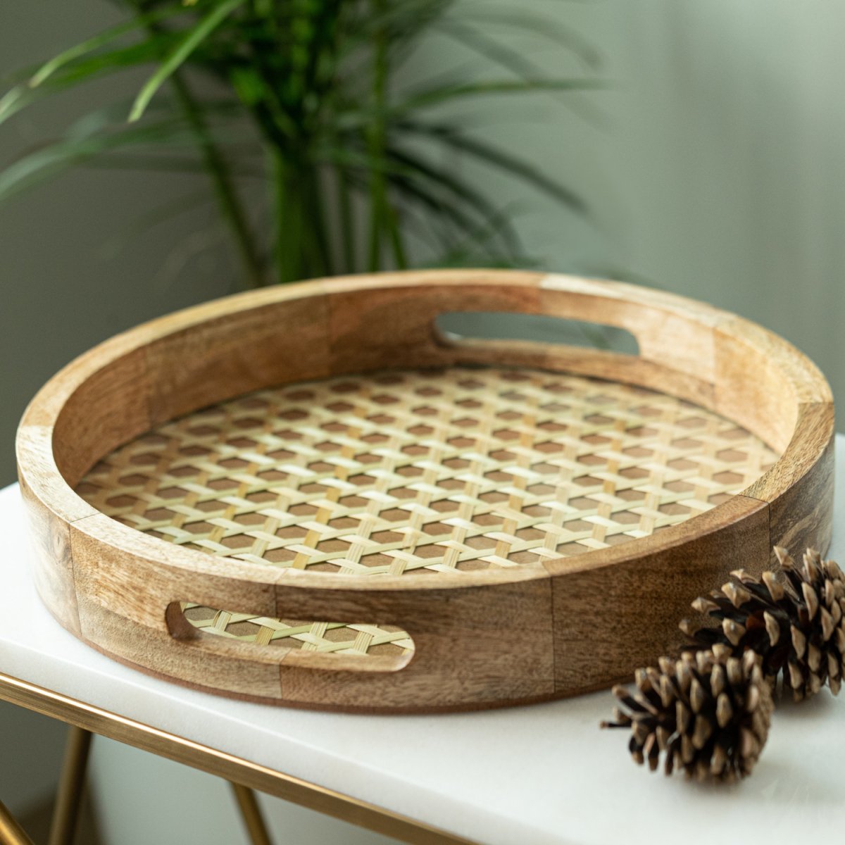 Round Wooden Tray with Rattan Mat & Glass base - Aesthetic Living