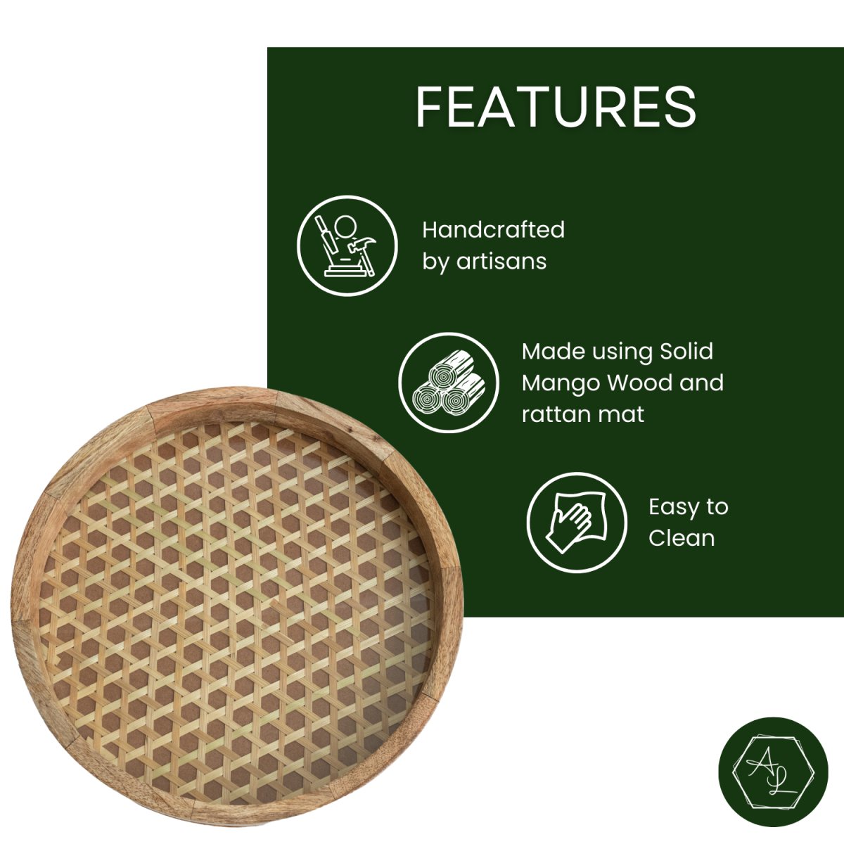 Round Wooden Tray with Rattan Mat & Glass base - Aesthetic Living