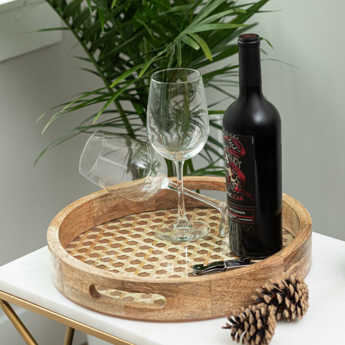 Round Wooden Tray with Rattan Mat & Glass base - Aesthetic Living
