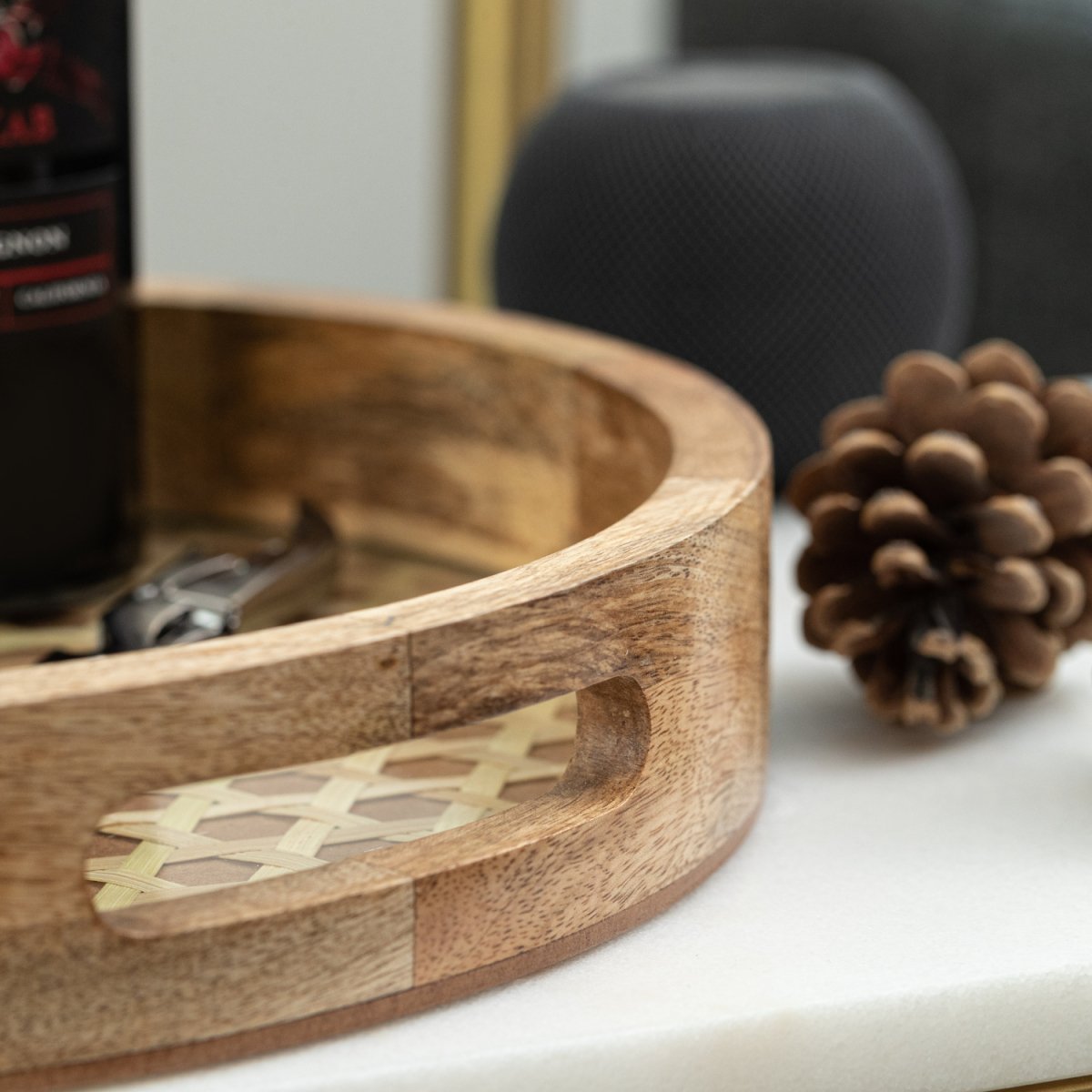 Round Wooden Tray with Rattan Mat & Glass base - Aesthetic Living