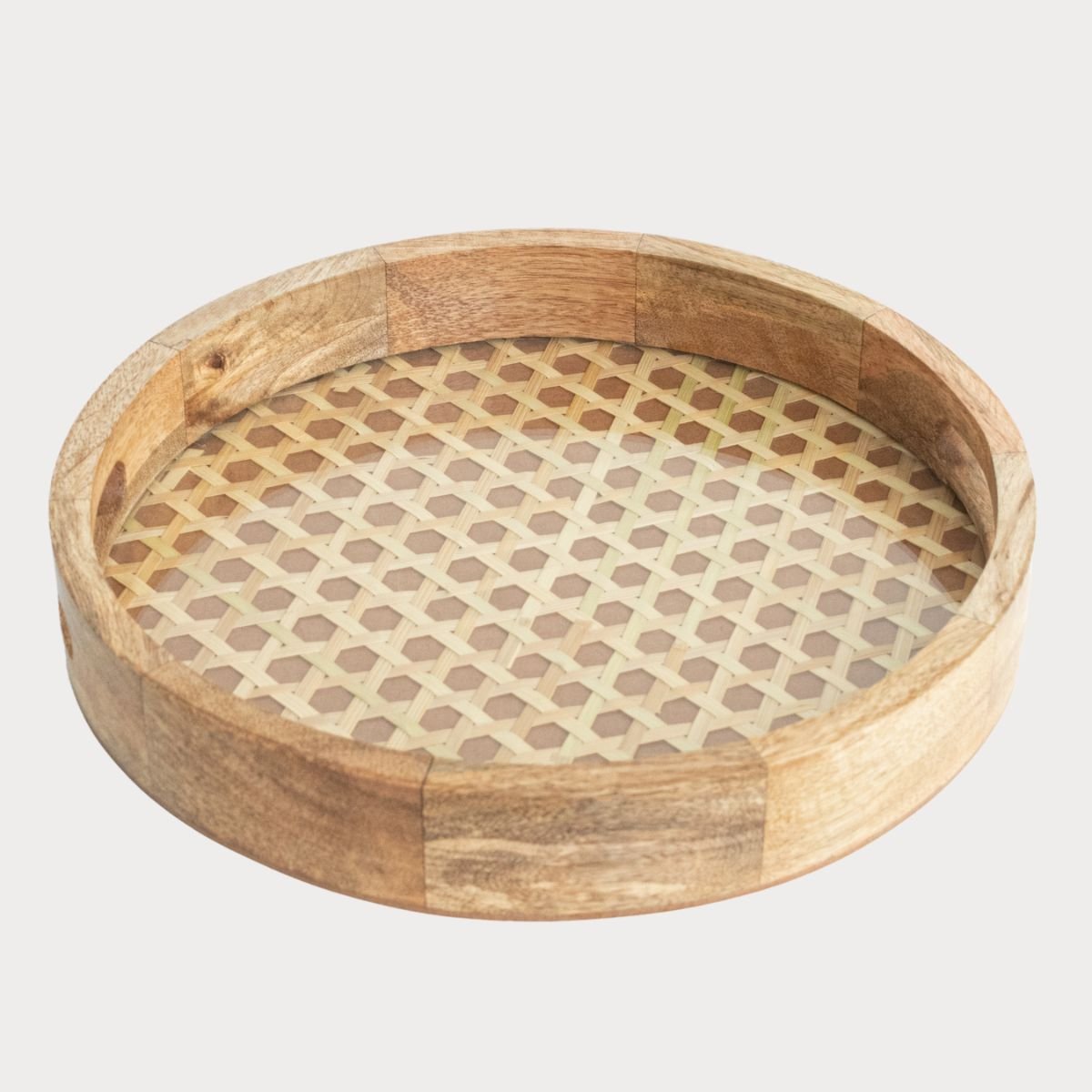 Round Wooden Tray with Rattan Mat & Glass base - front image- Aesthetic Living