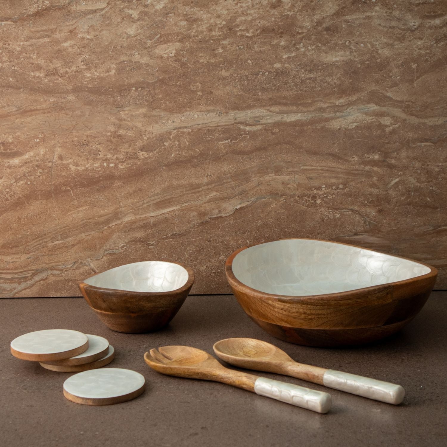 Wooden serving bowls, salad bowls with servers from Aesthetic Living