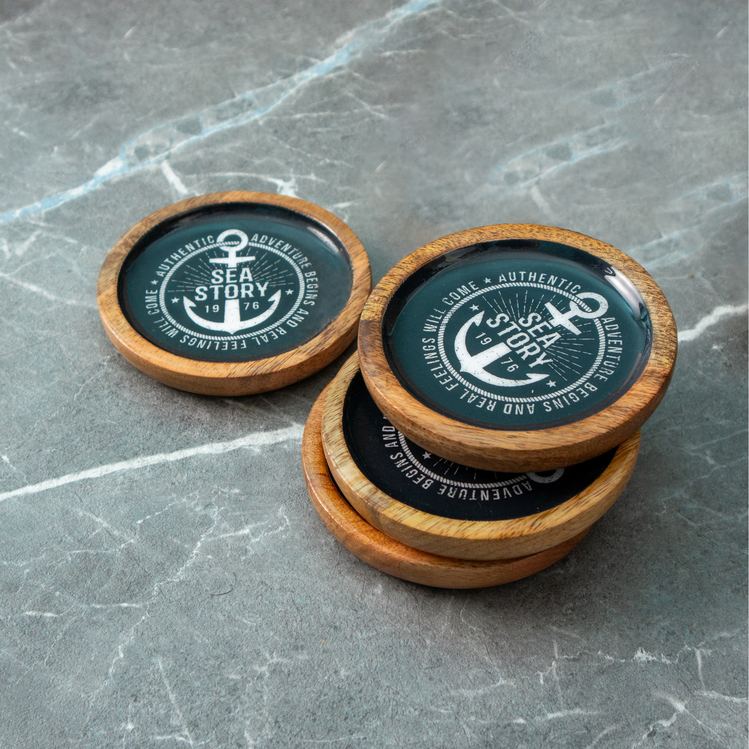 Deep Dish Coasters with Sea Story Enamel, Set of 4