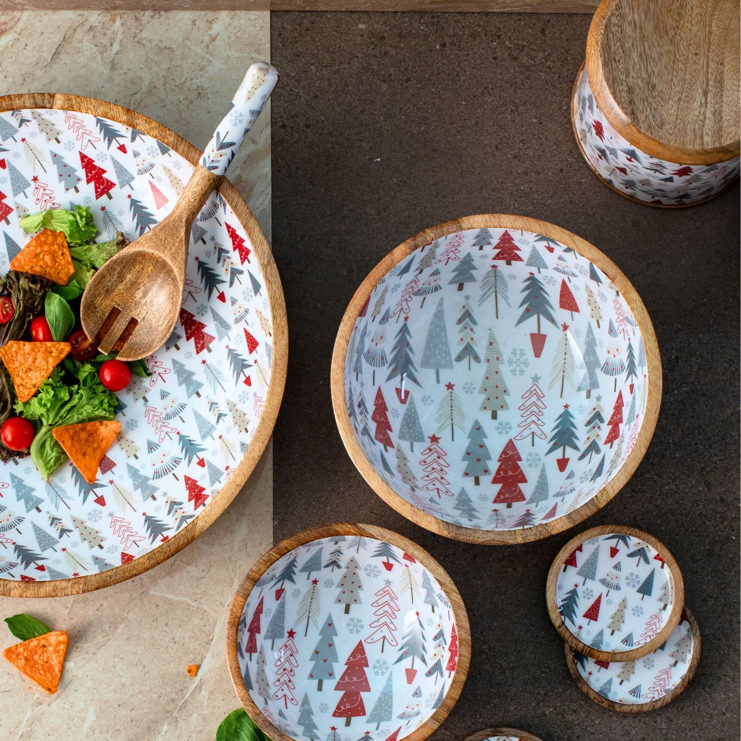 Serving Bowl and Servers with Holiday Enamel