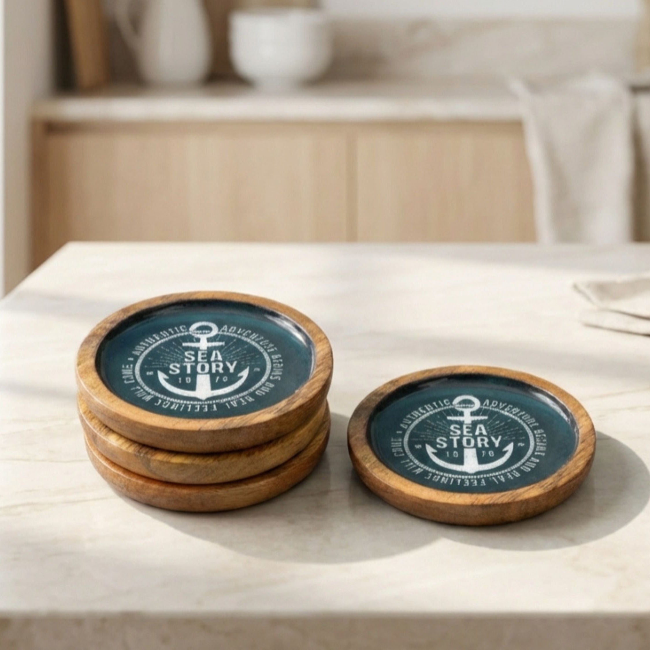 Deep Dish Coasters with Sea Story Enamel, Set of 4