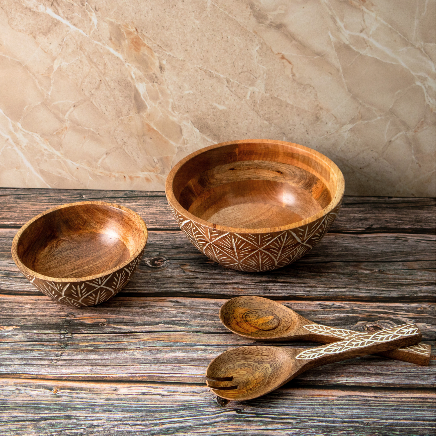 Serving Bowl and Servers with White Washed Carving