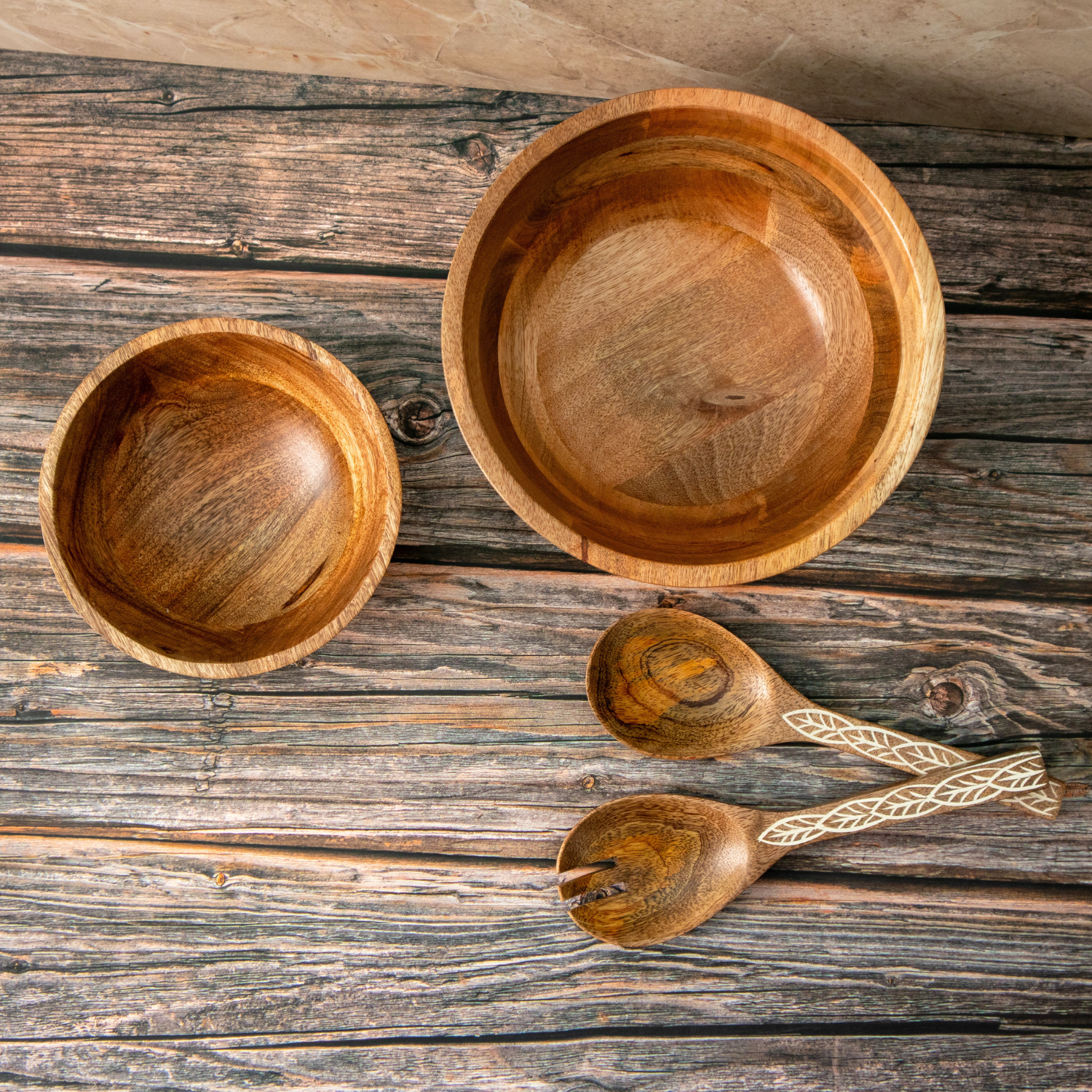 Serving Bowl and Servers with White Washed Carving