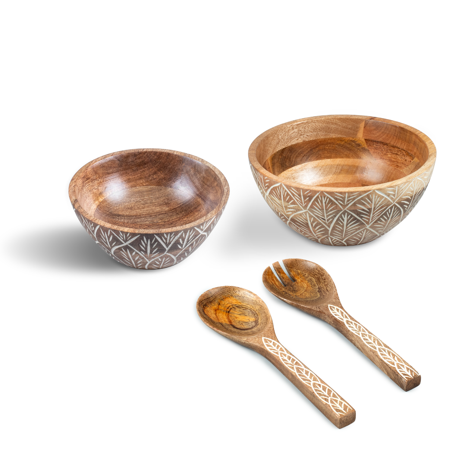 Serving Bowl and Servers with White Washed Carving