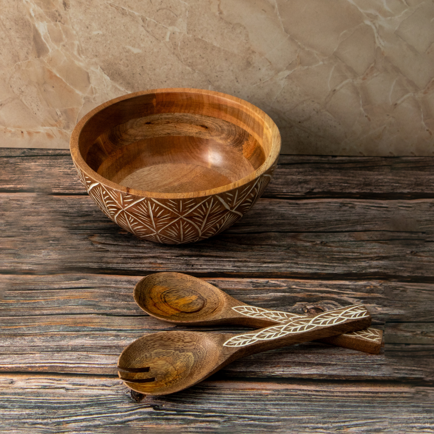 Serving Bowl and Servers with White Washed Carving