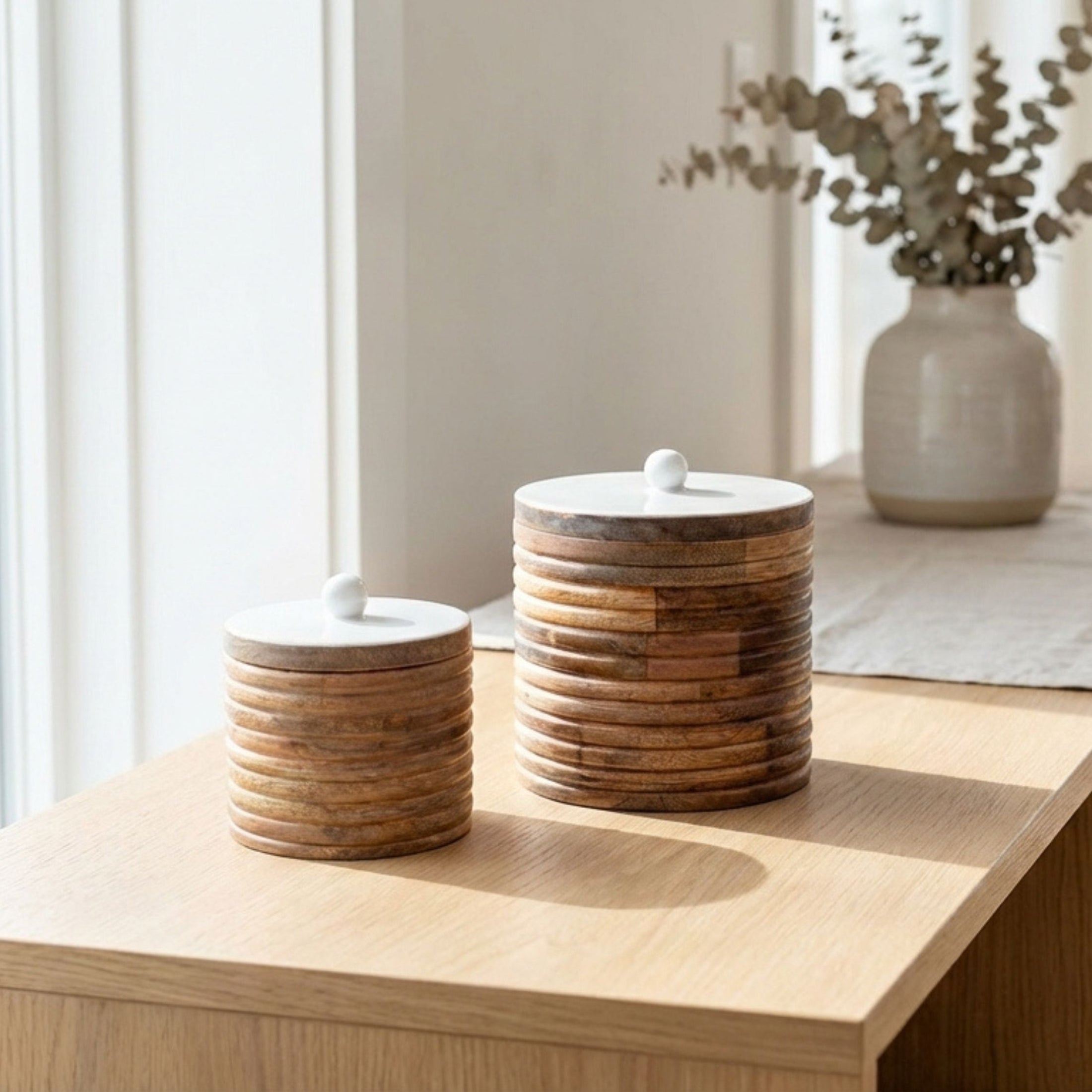 Wide Canisters with White Enamel, Set of 2 (Large and Small)