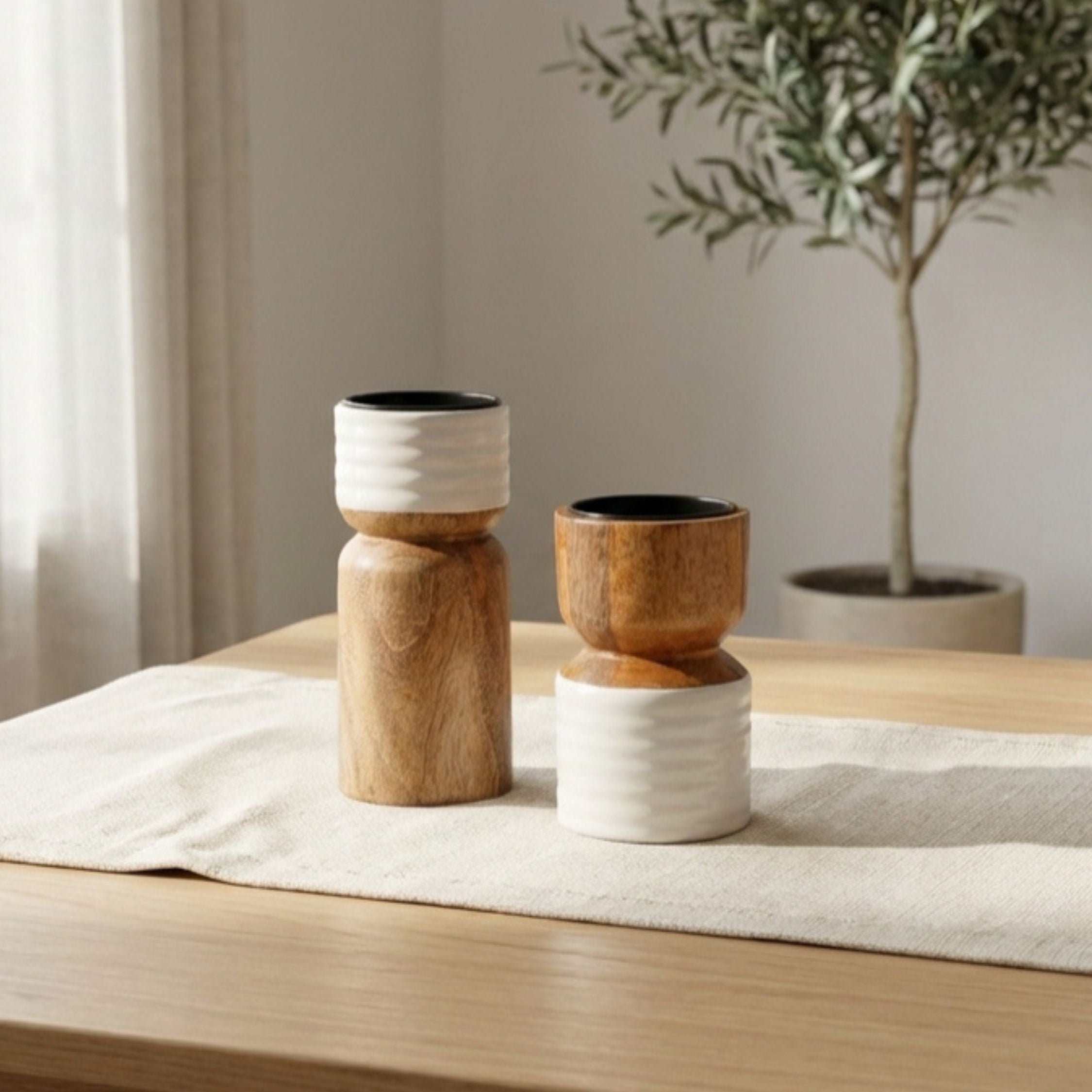 Candle Holder with White Enamel, Set of 2