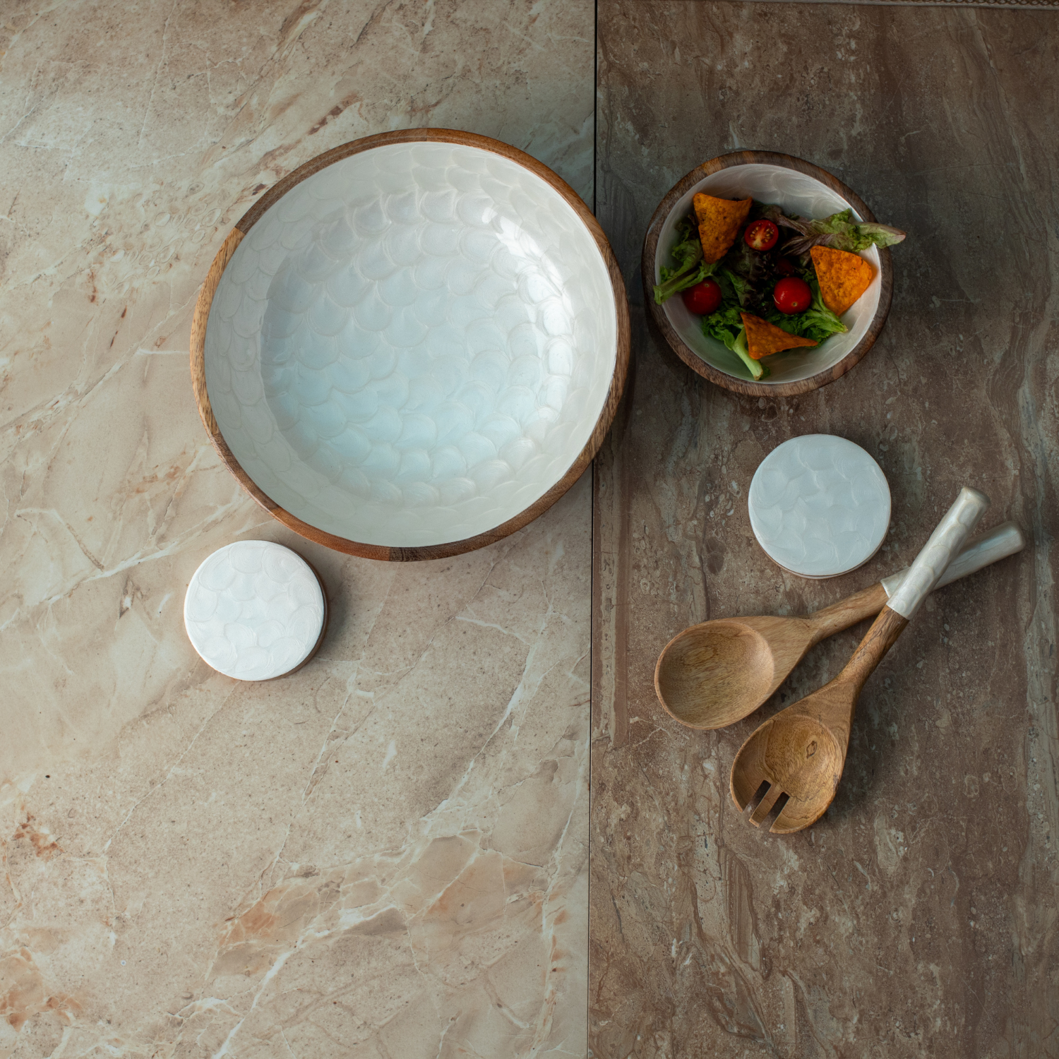 Serving Bowl and Servers with Pearl Enamel