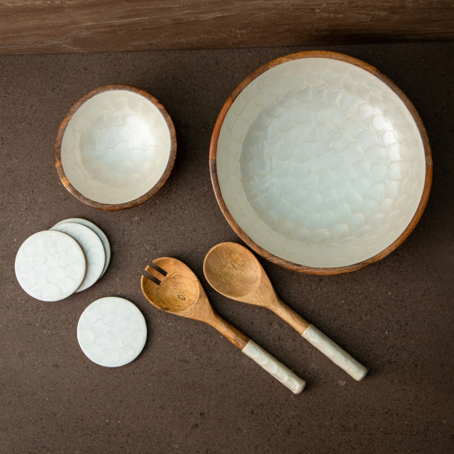 Serving Bowl and Servers with Pearl Enamel