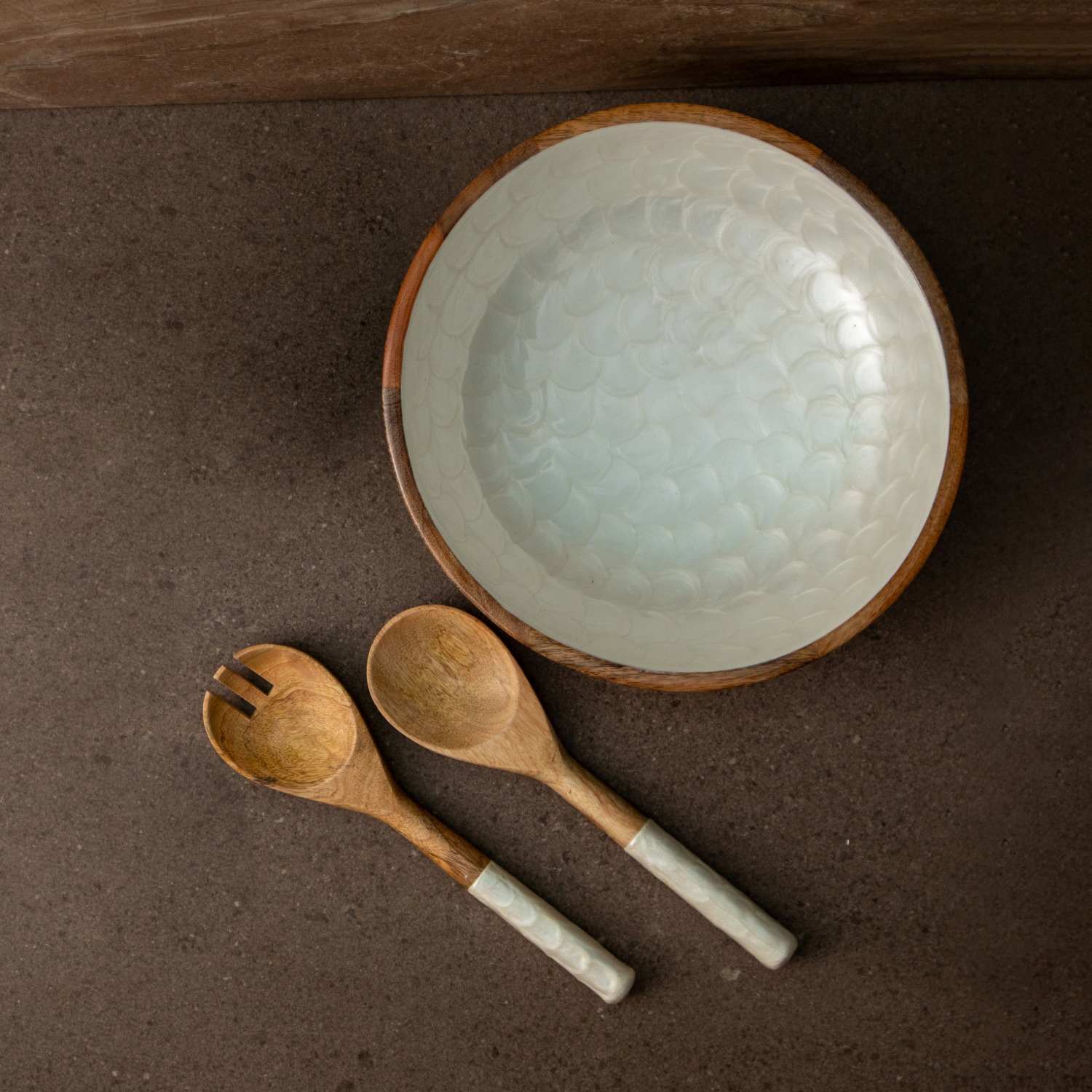 Serving Bowl and Servers with Pearl Enamel