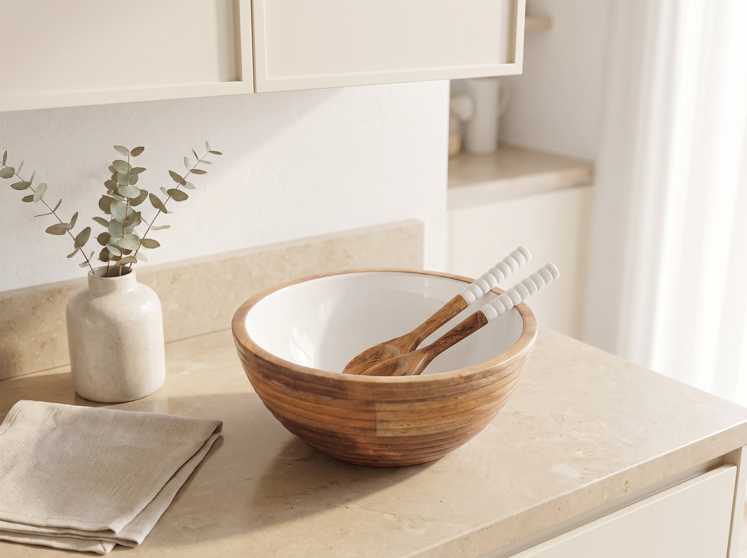 Serving Bowl and Servers with White Enamel