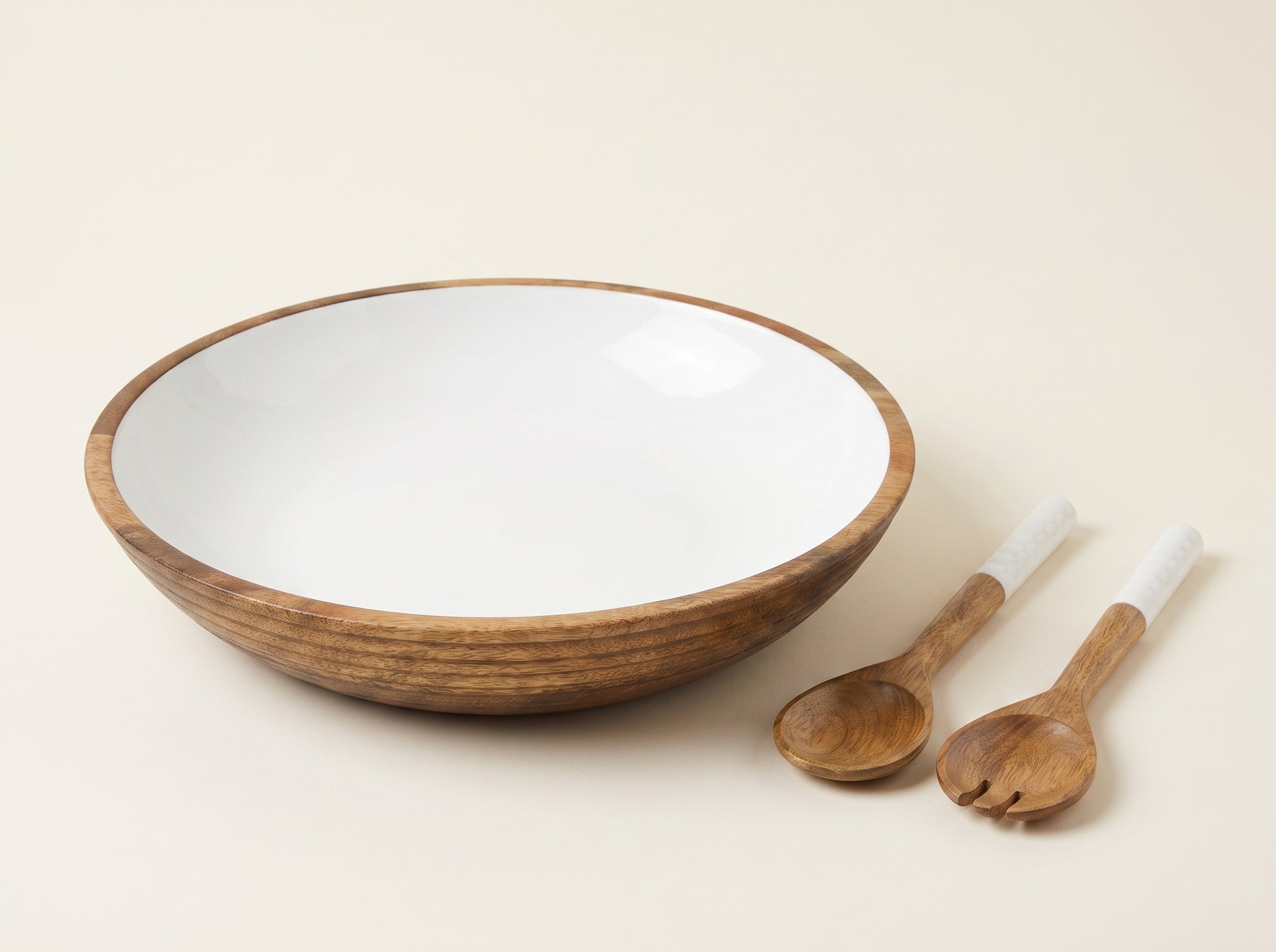 Large Bowl & Servers with White Enamel