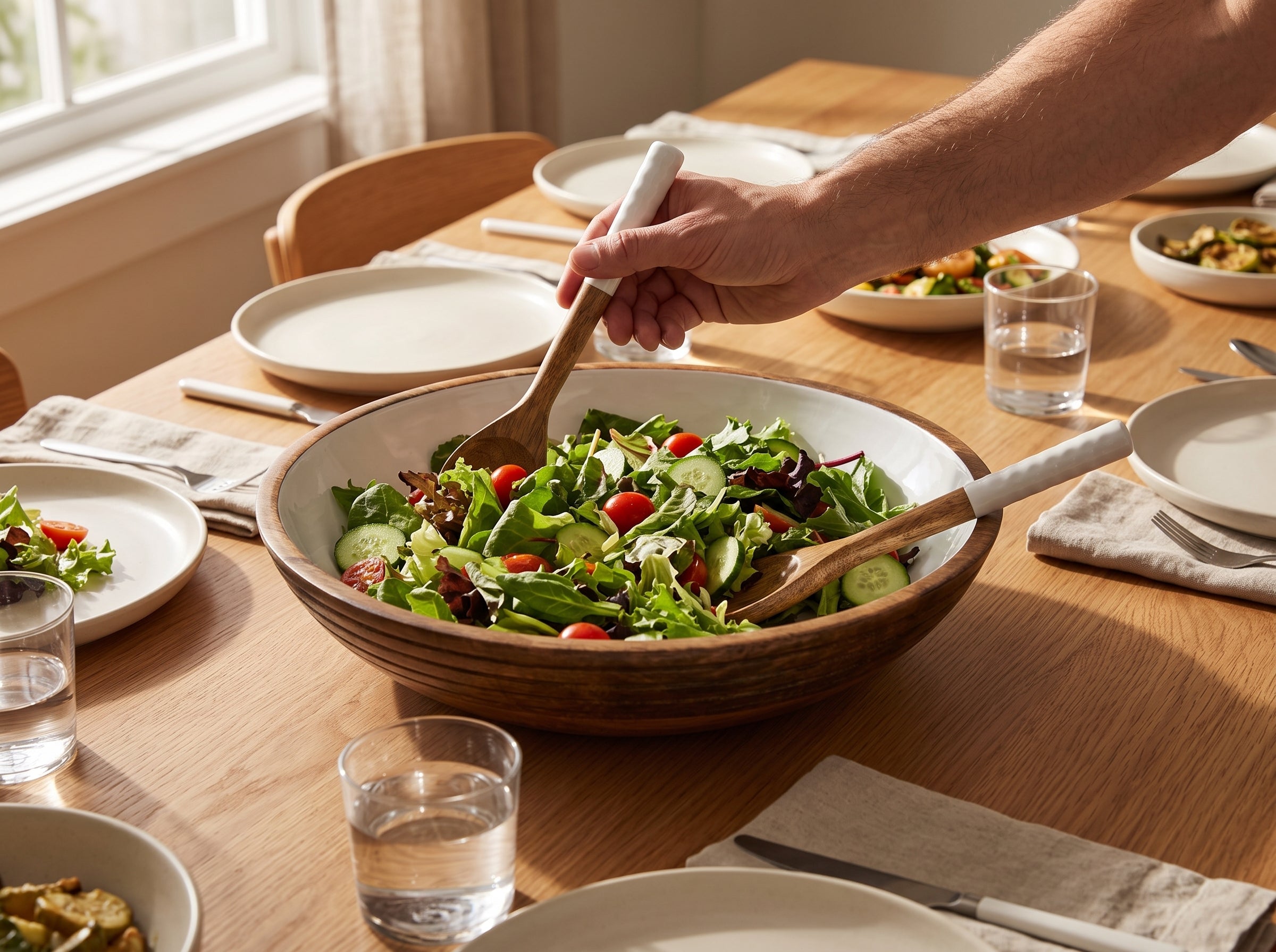 Large Bowl & Servers with White Enamel