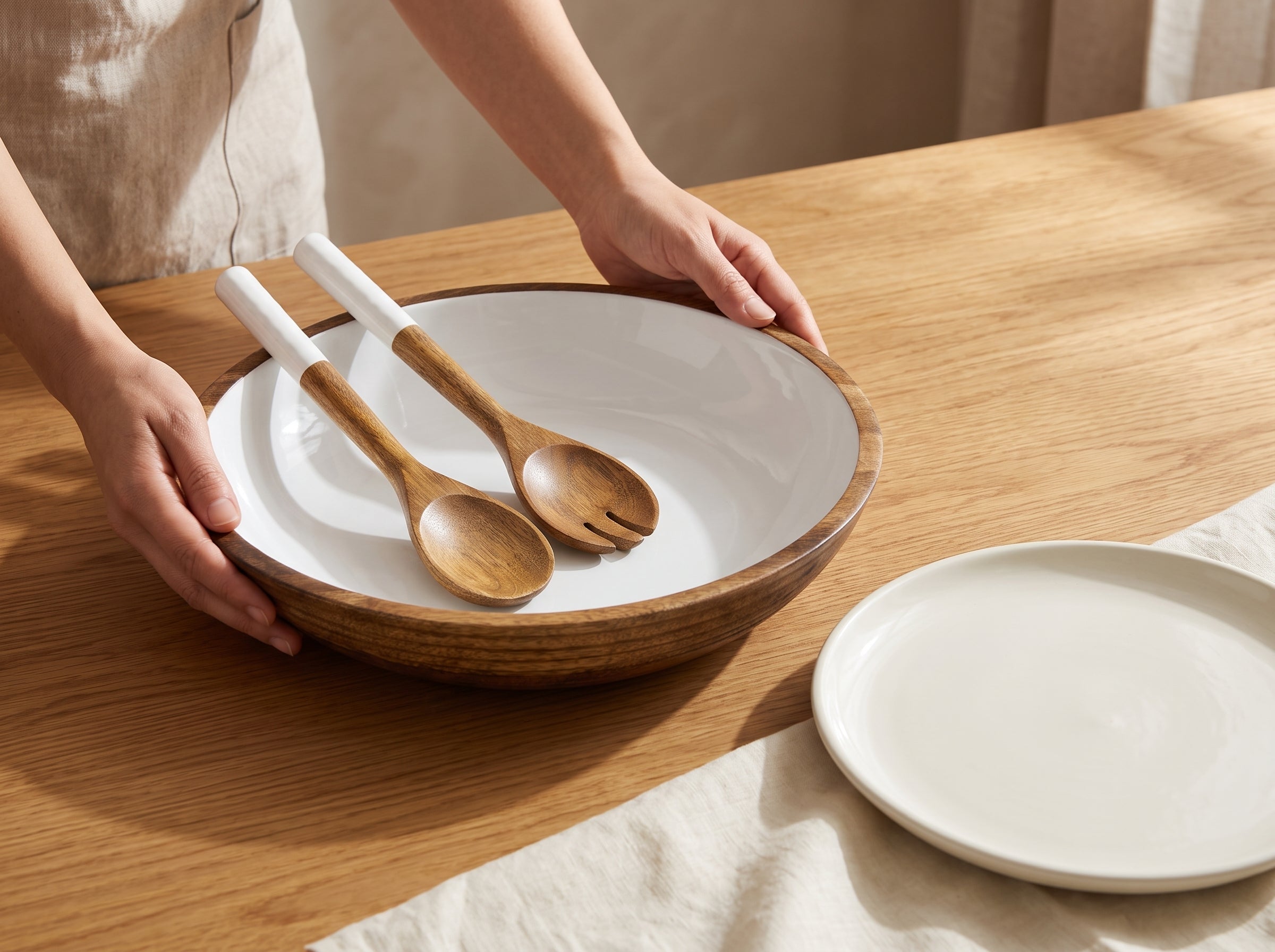 Large Bowl & Servers with White Enamel
