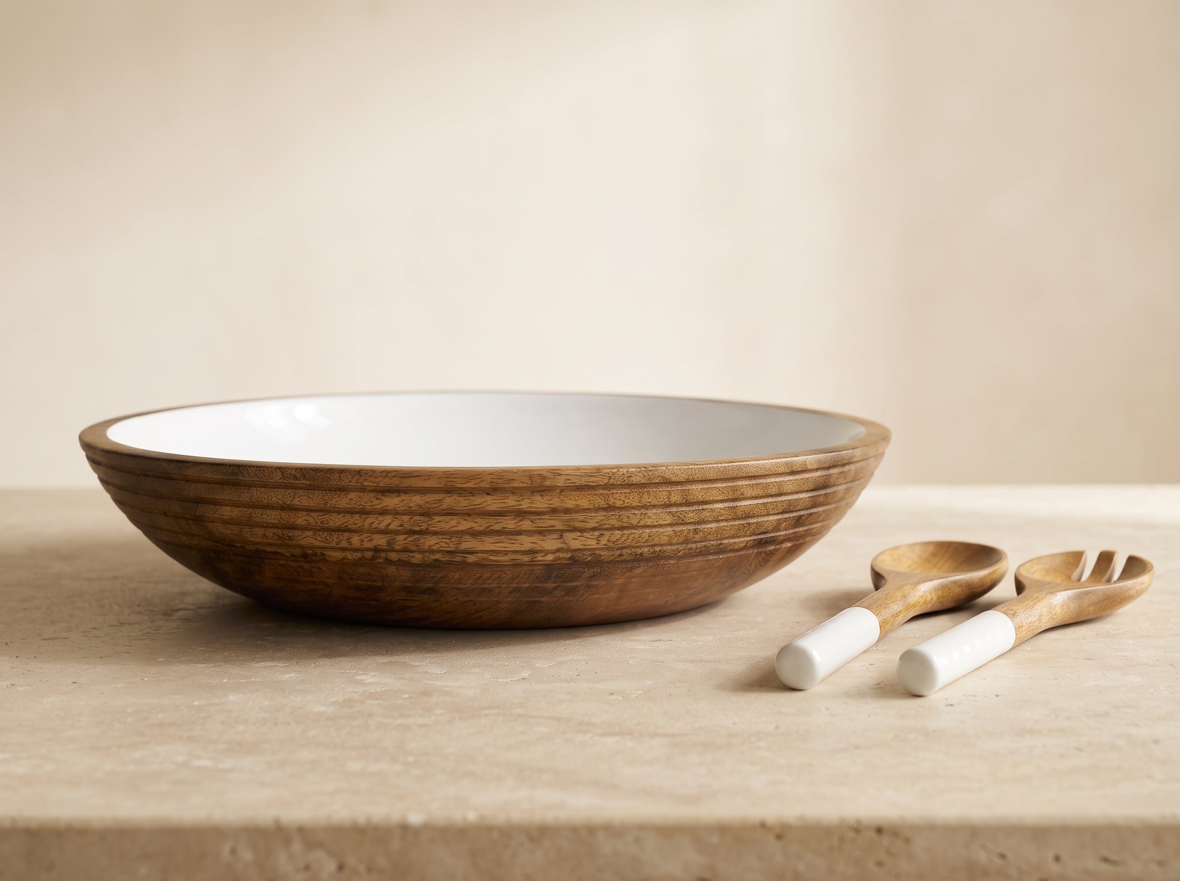 Large Bowl & Servers with White Enamel