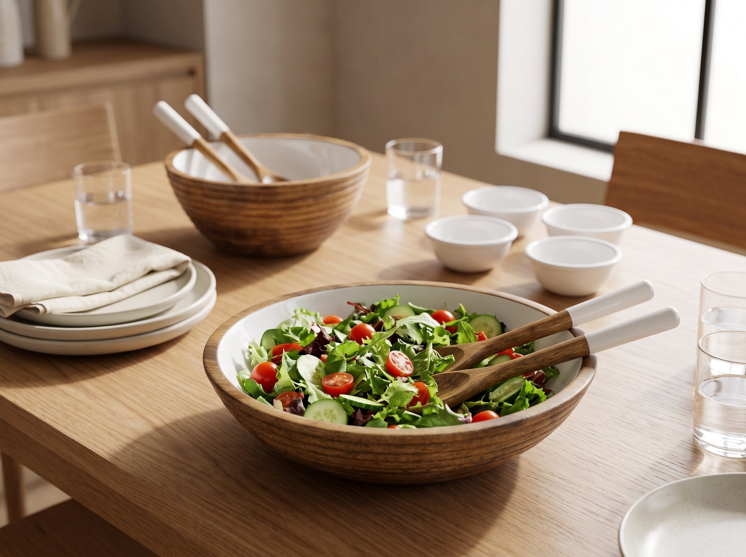 Large Bowl & Servers with White Enamel