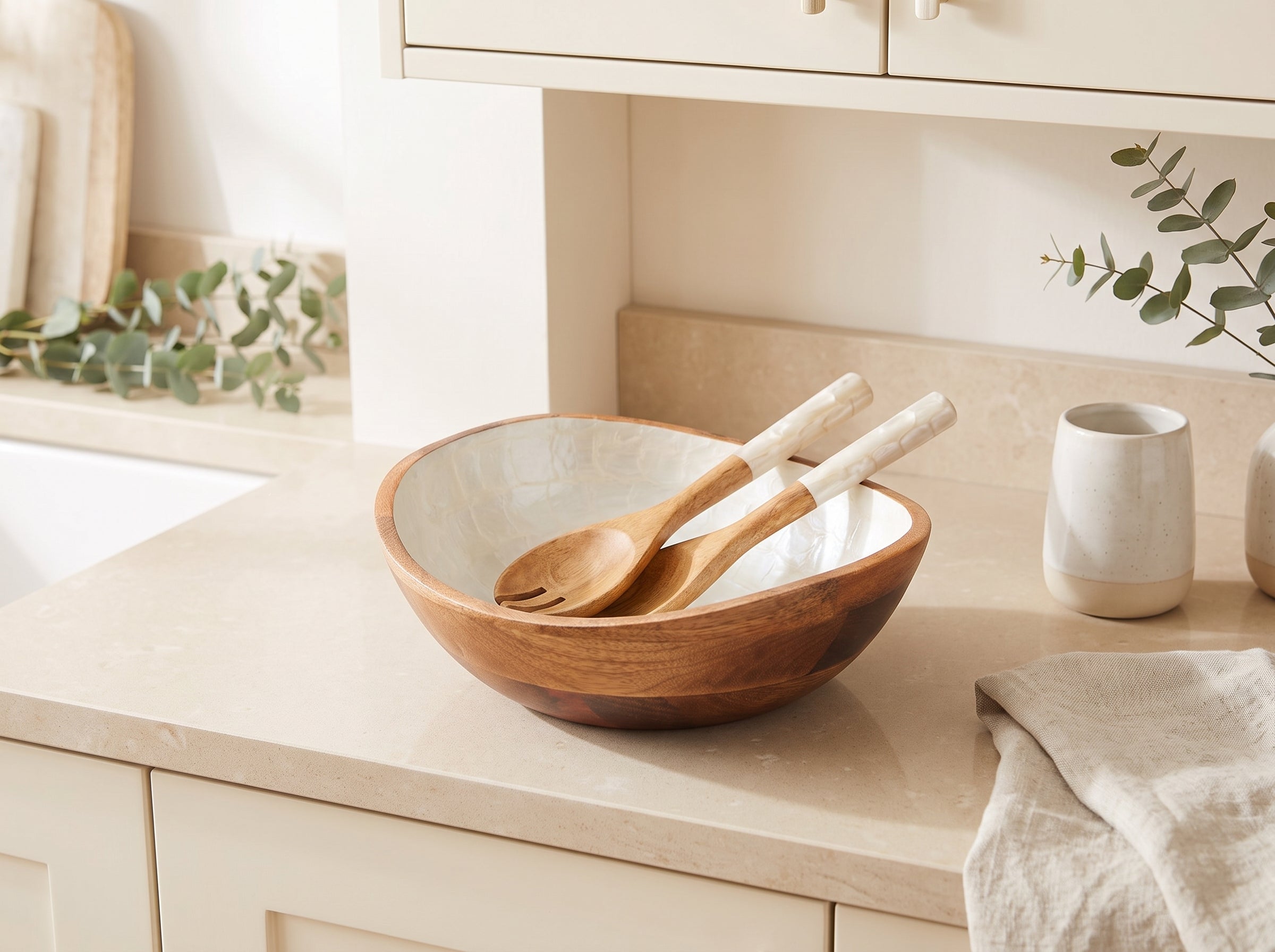 Serving Bowl and Servers with Pearl Enamel