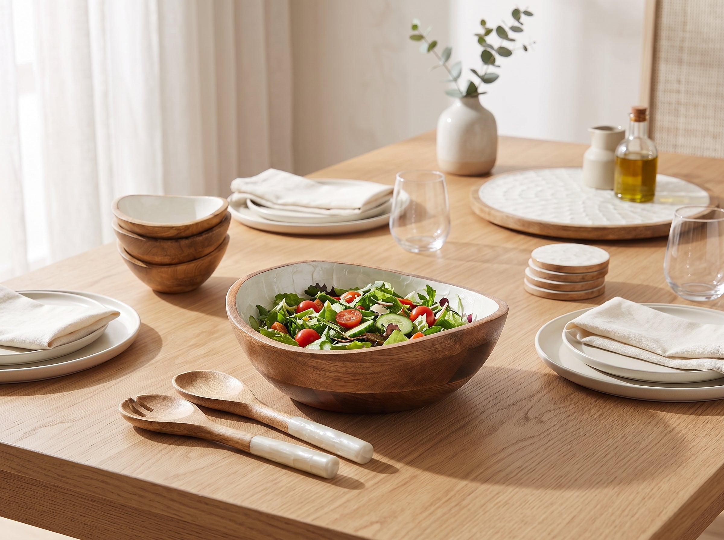 Serving Bowl and Servers with Pearl Enamel