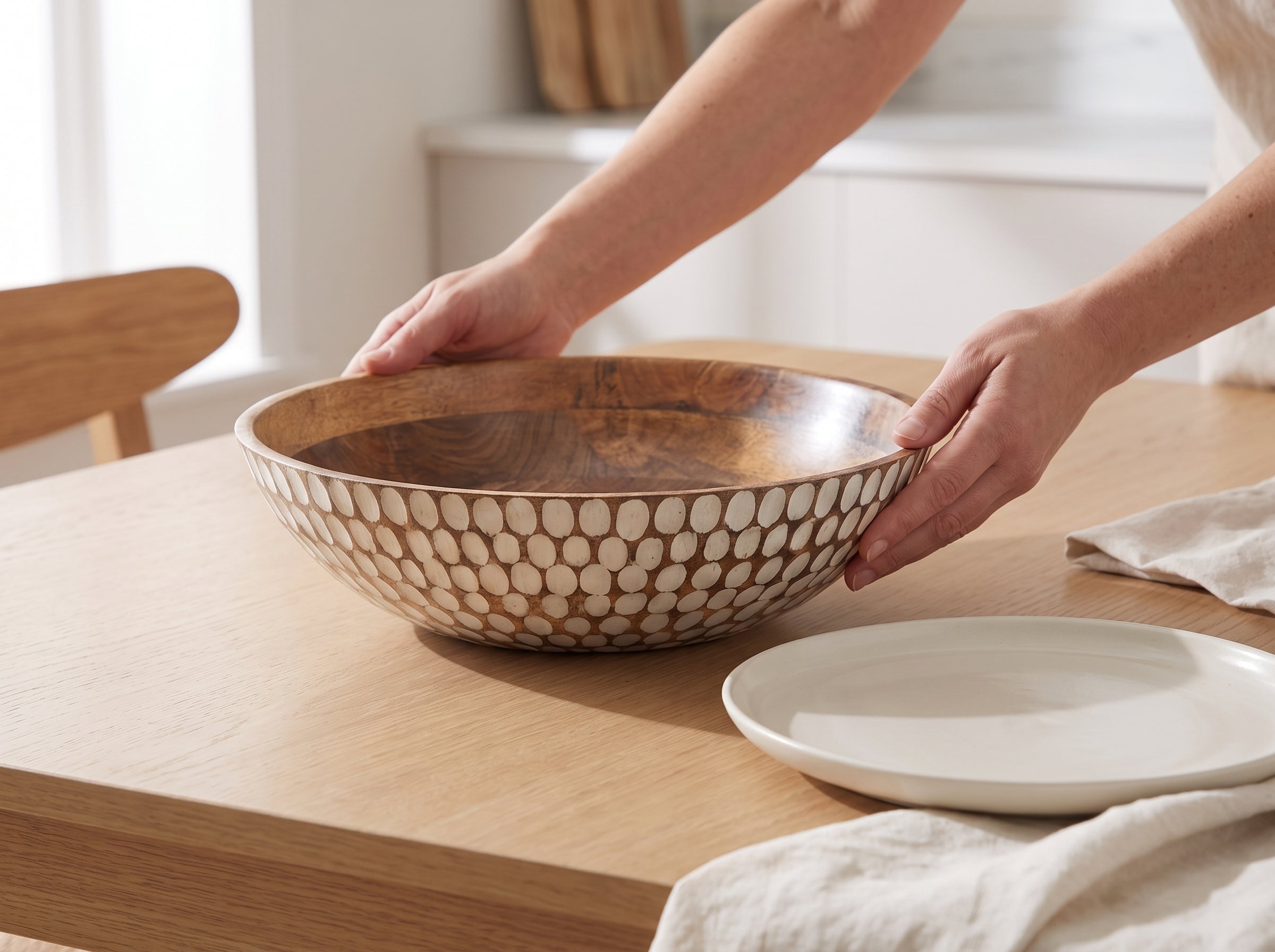 Large Flat Bowl with White Polka Dots