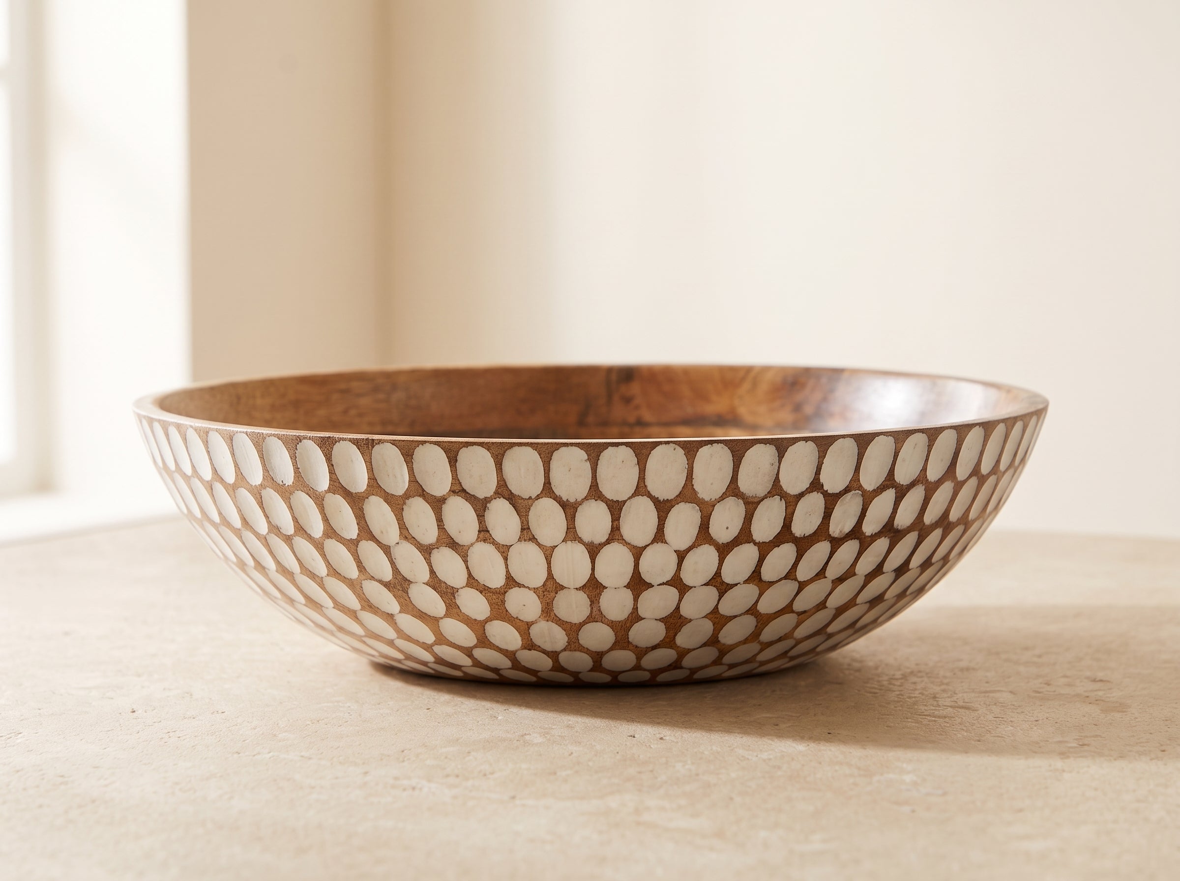 Large Flat Bowl with White Polka Dots