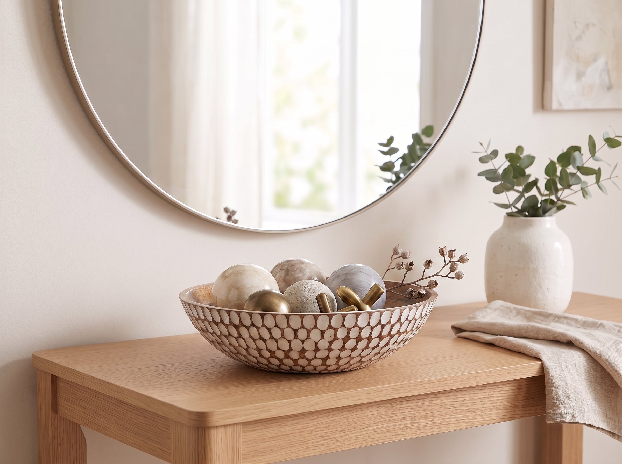 Large Flat Bowl with White Polka Dots
