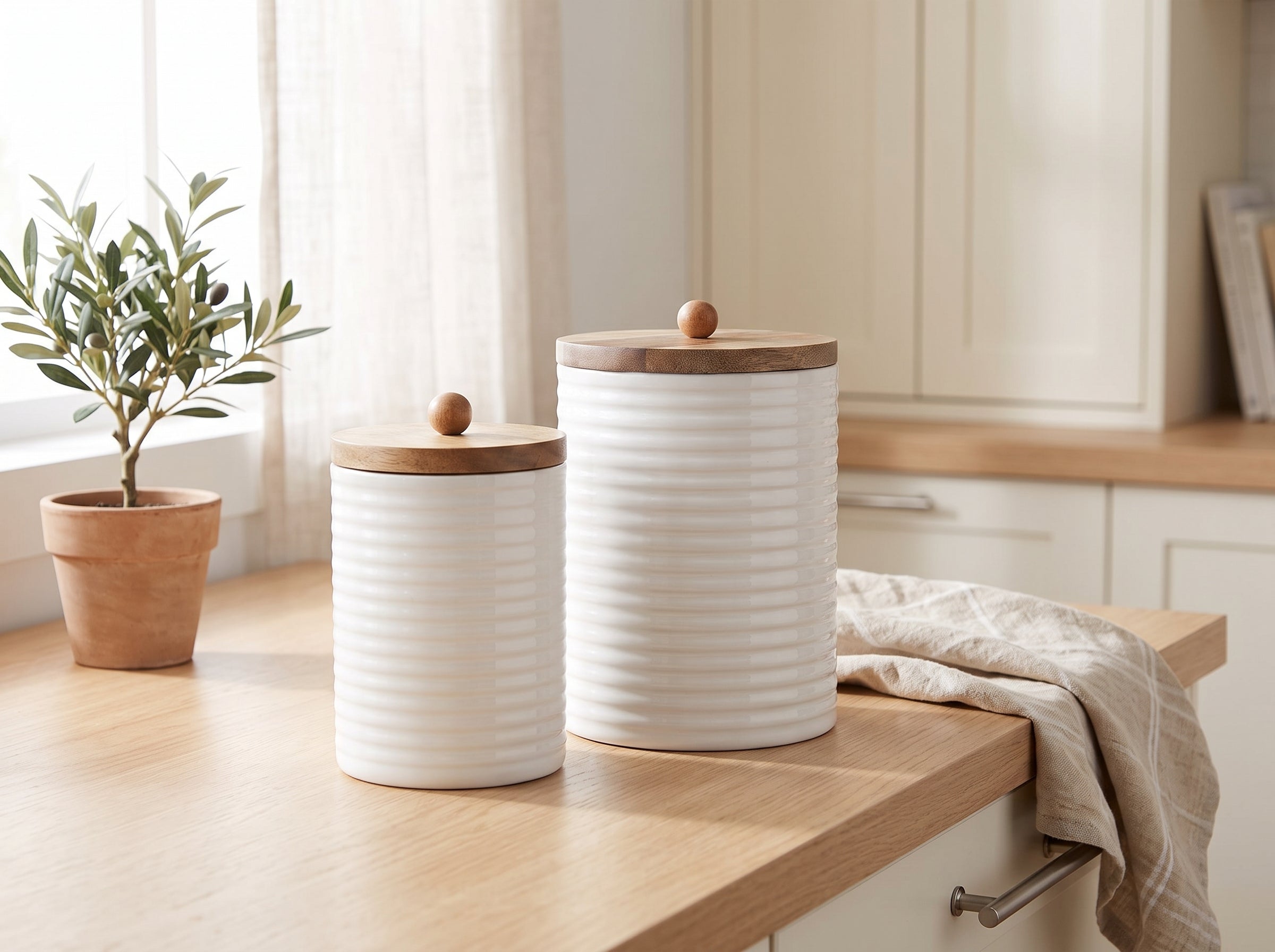 Tall Canisters with White Enamel, Set of 2 (Large and Small)