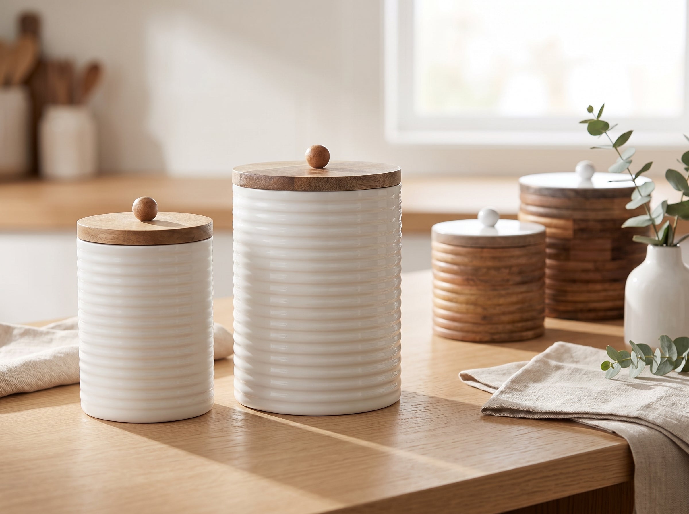 Tall Canisters with White Enamel, Set of 2 (Large and Small)