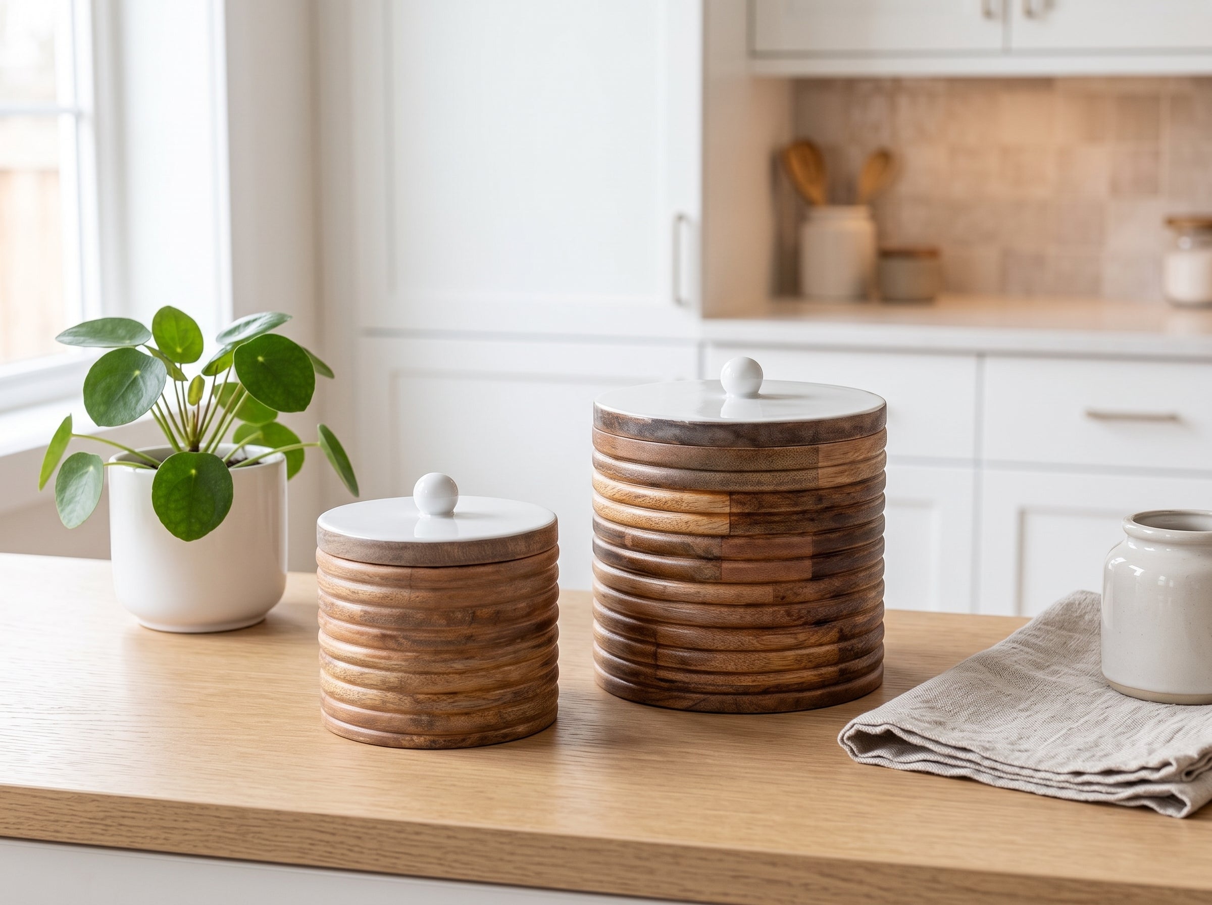Wide Canisters with White Enamel, Set of 2 (Large and Small)