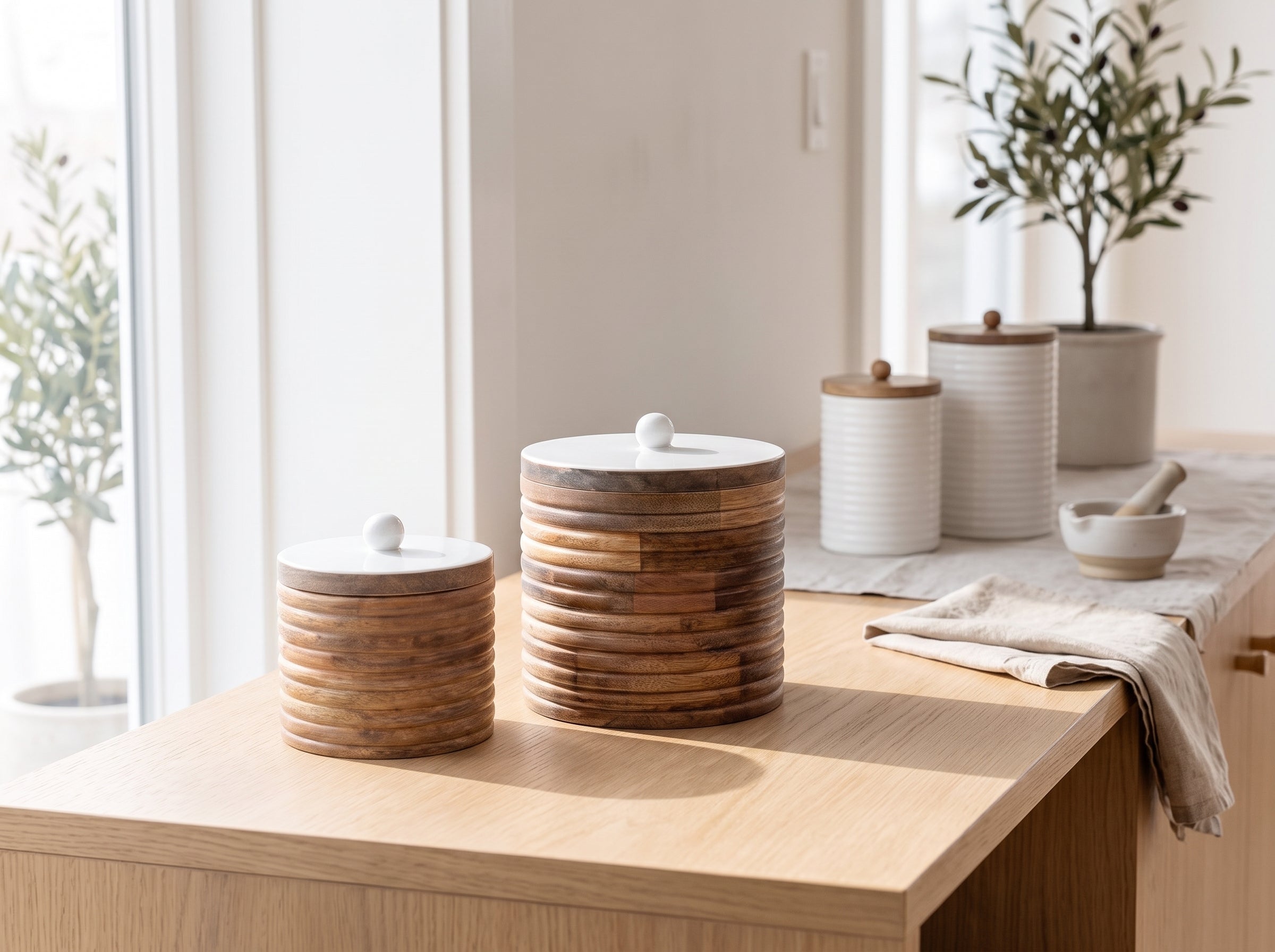 Wide Canisters with White Enamel, Set of 2 (Large and Small)