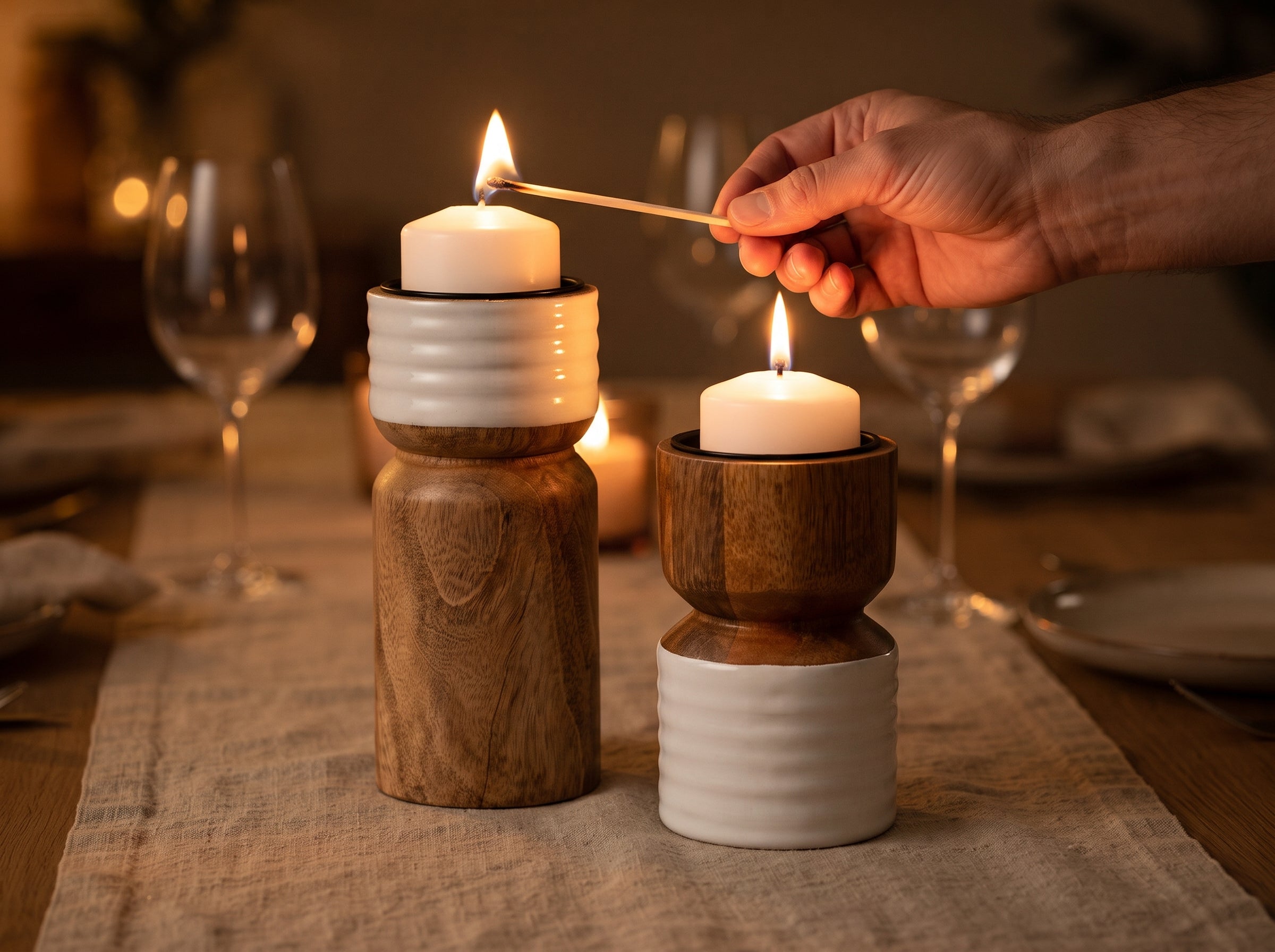 Candle Holder with White Enamel, Set of 2