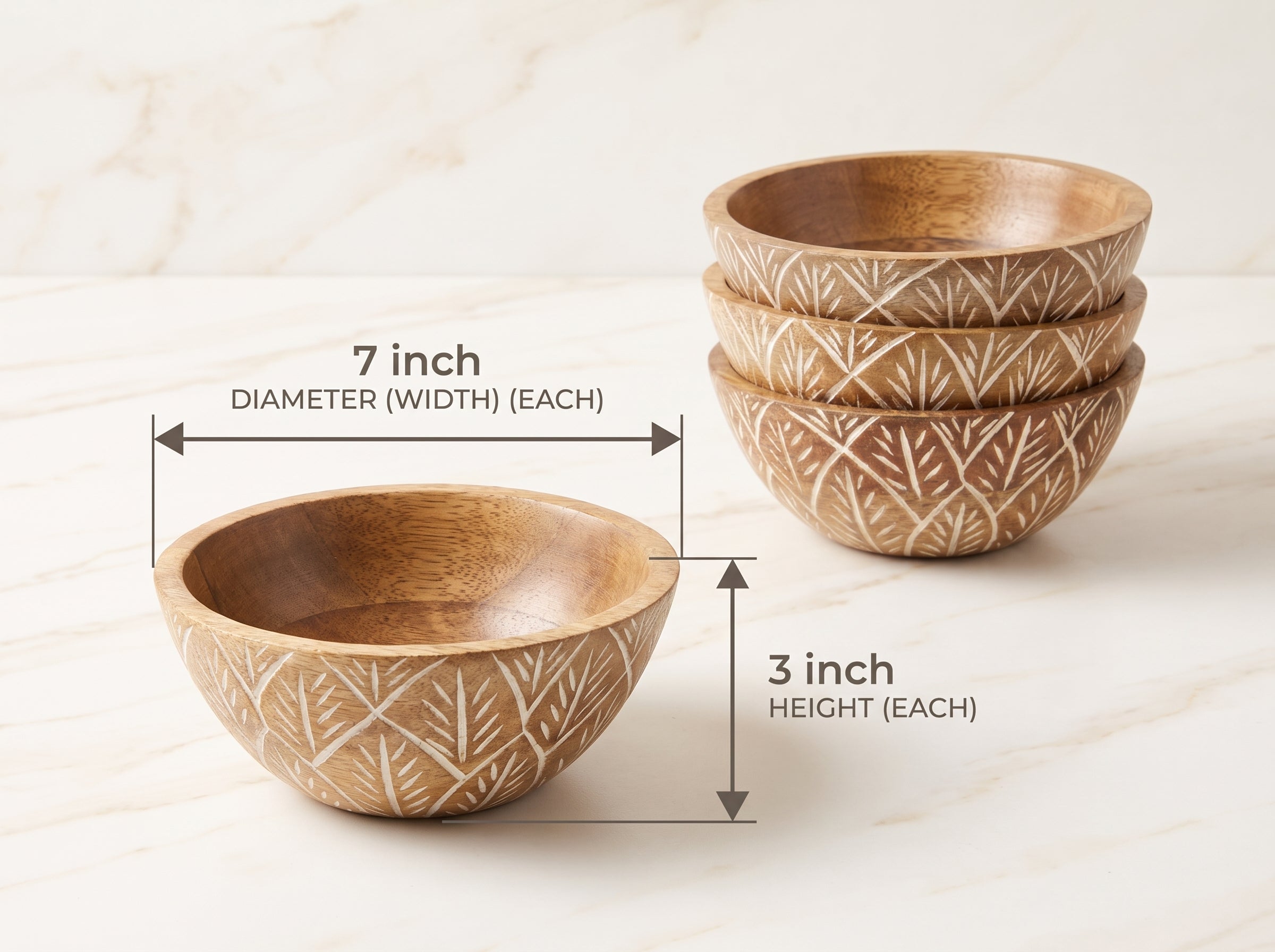 Small Bowl with White Washed Carving, Set of 4