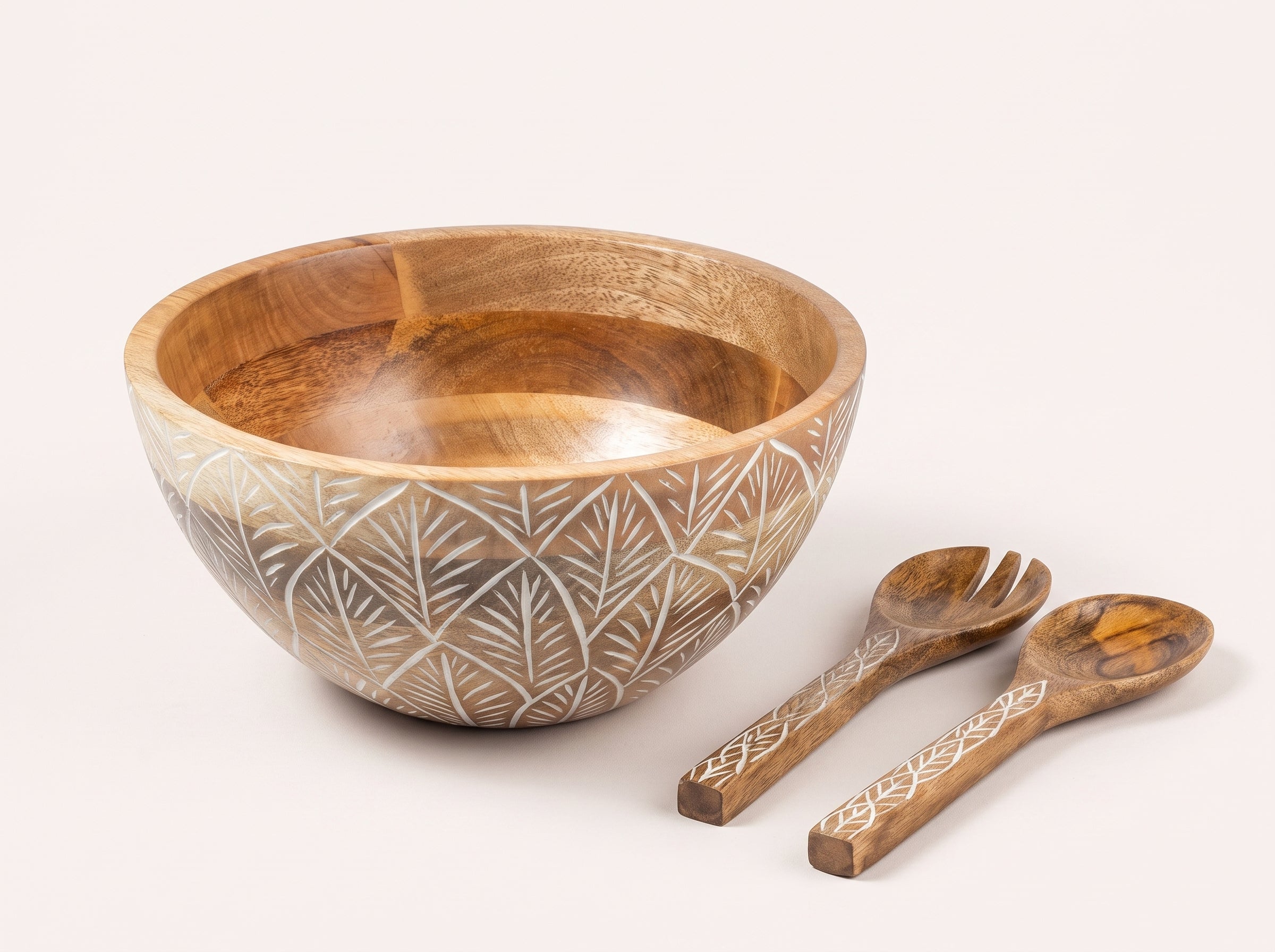 Serving Bowl and Servers with White Washed Carving