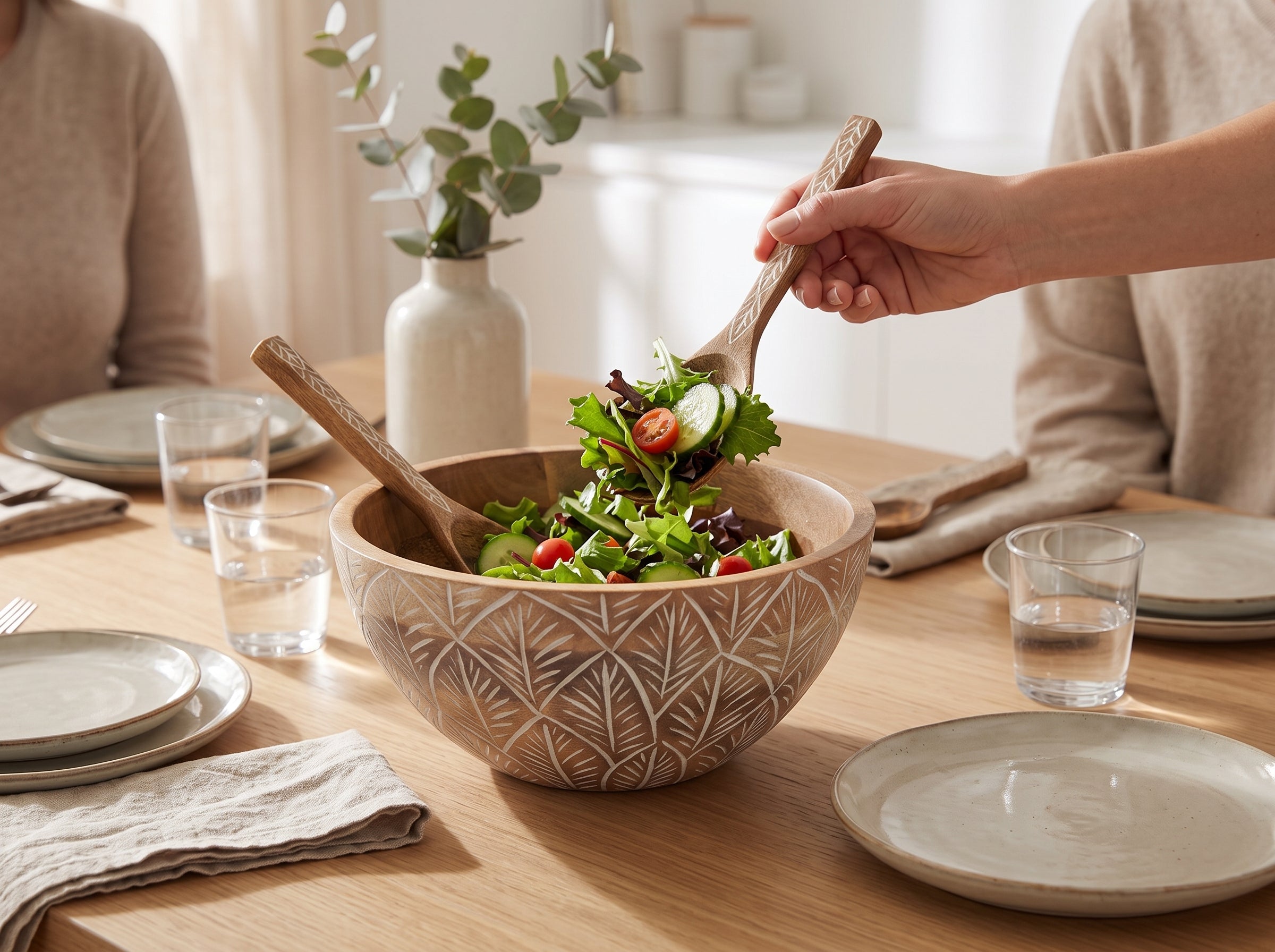Serving Bowl and Servers with White Washed Carving