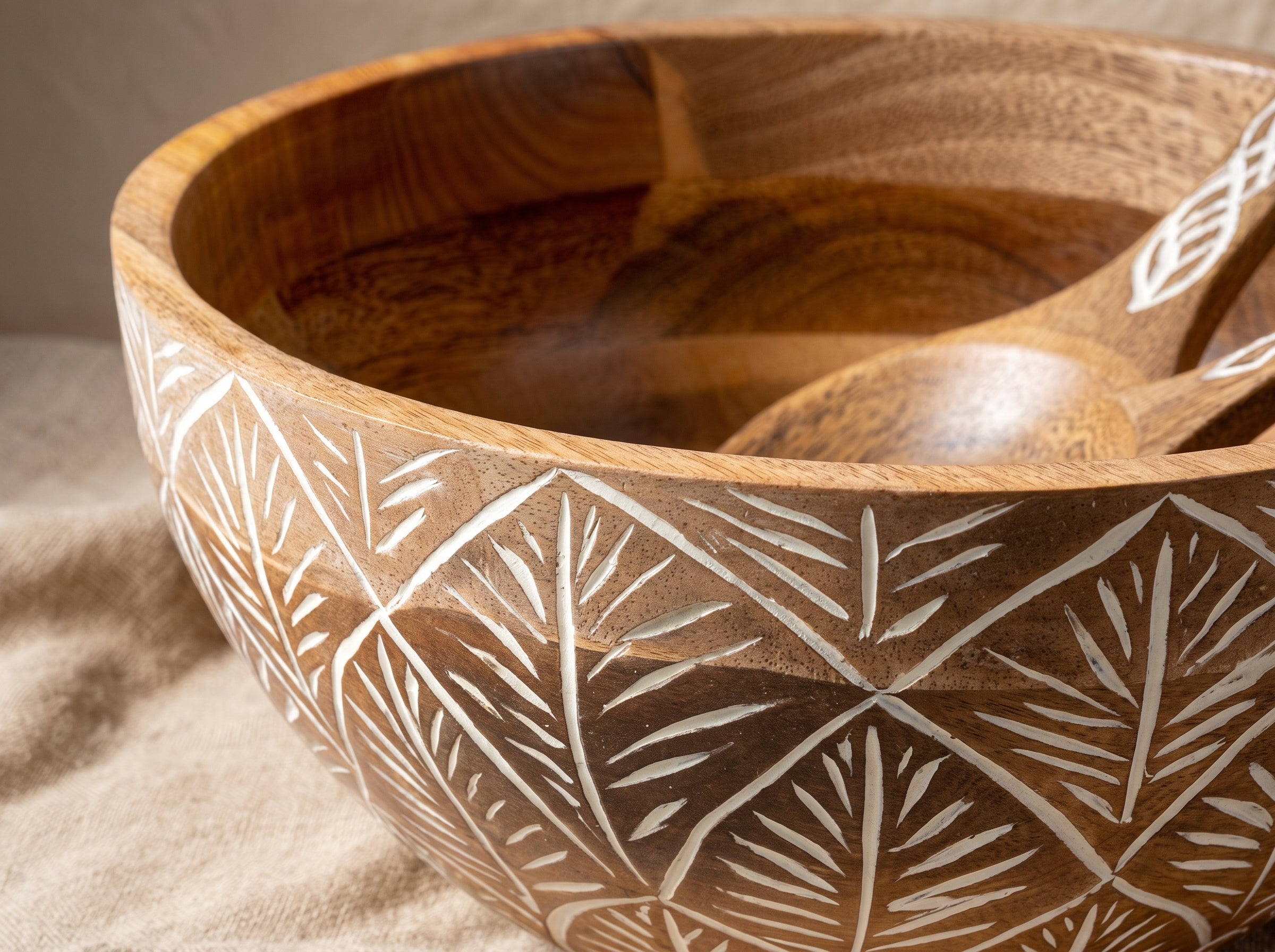Serving Bowl and Servers with White Washed Carving