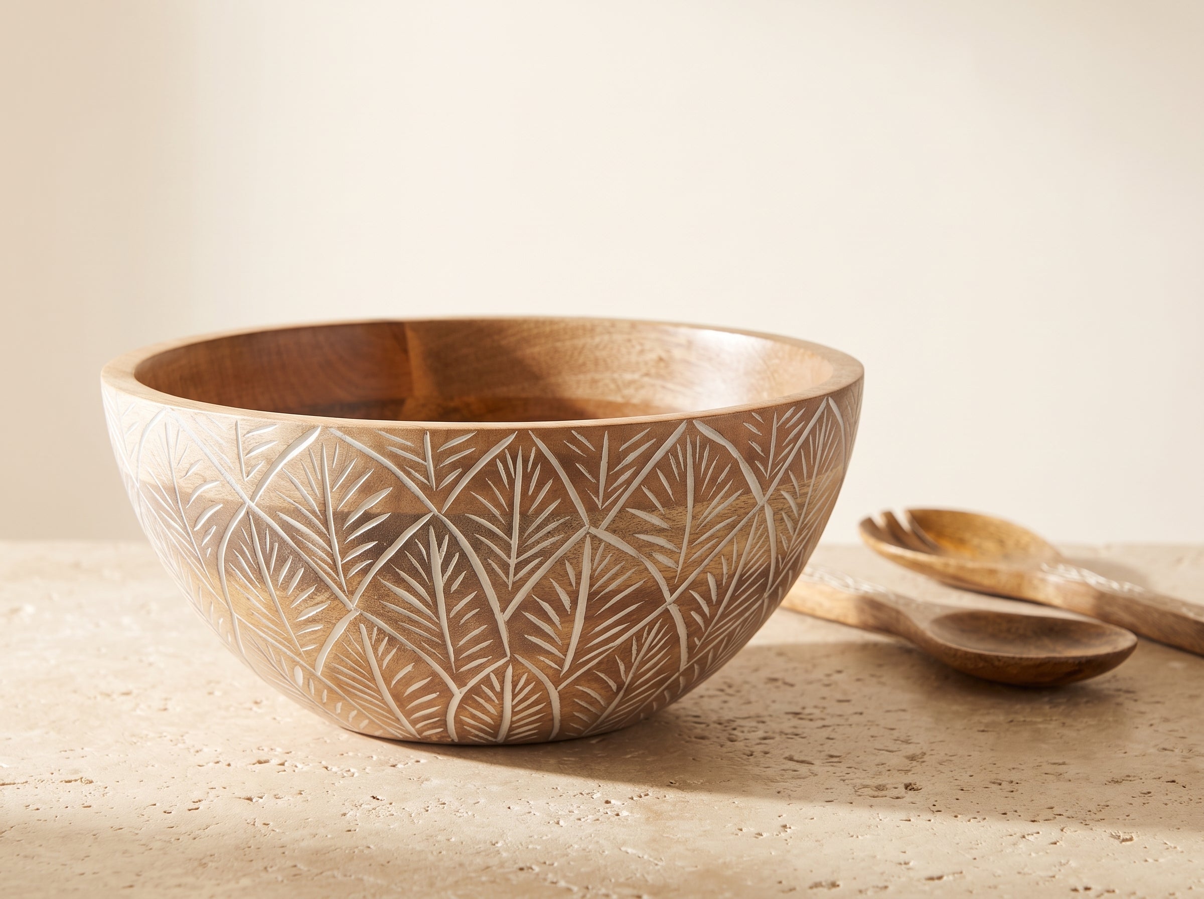 Serving Bowl and Servers with White Washed Carving
