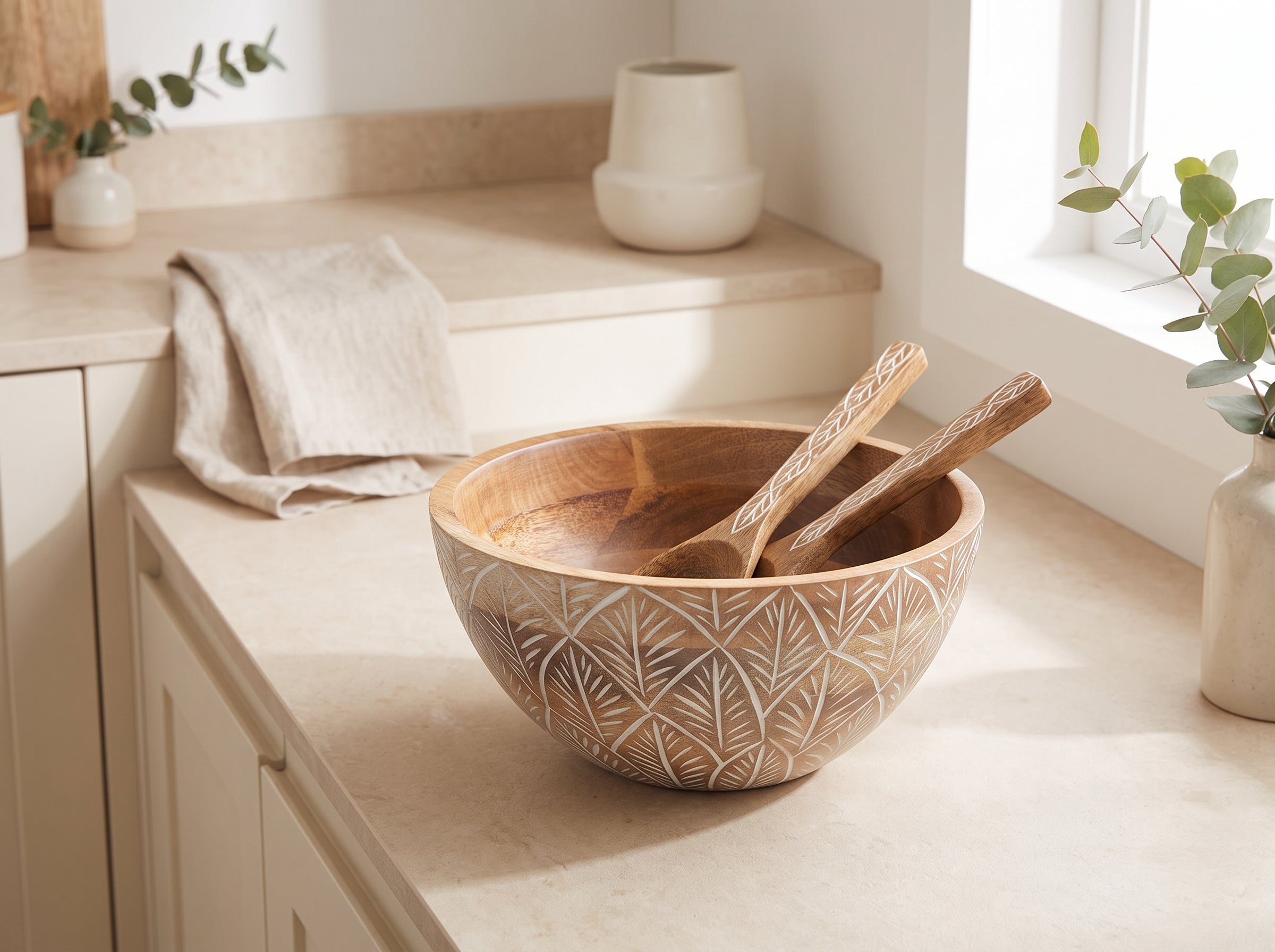 Serving Bowl and Servers with White Washed Carving