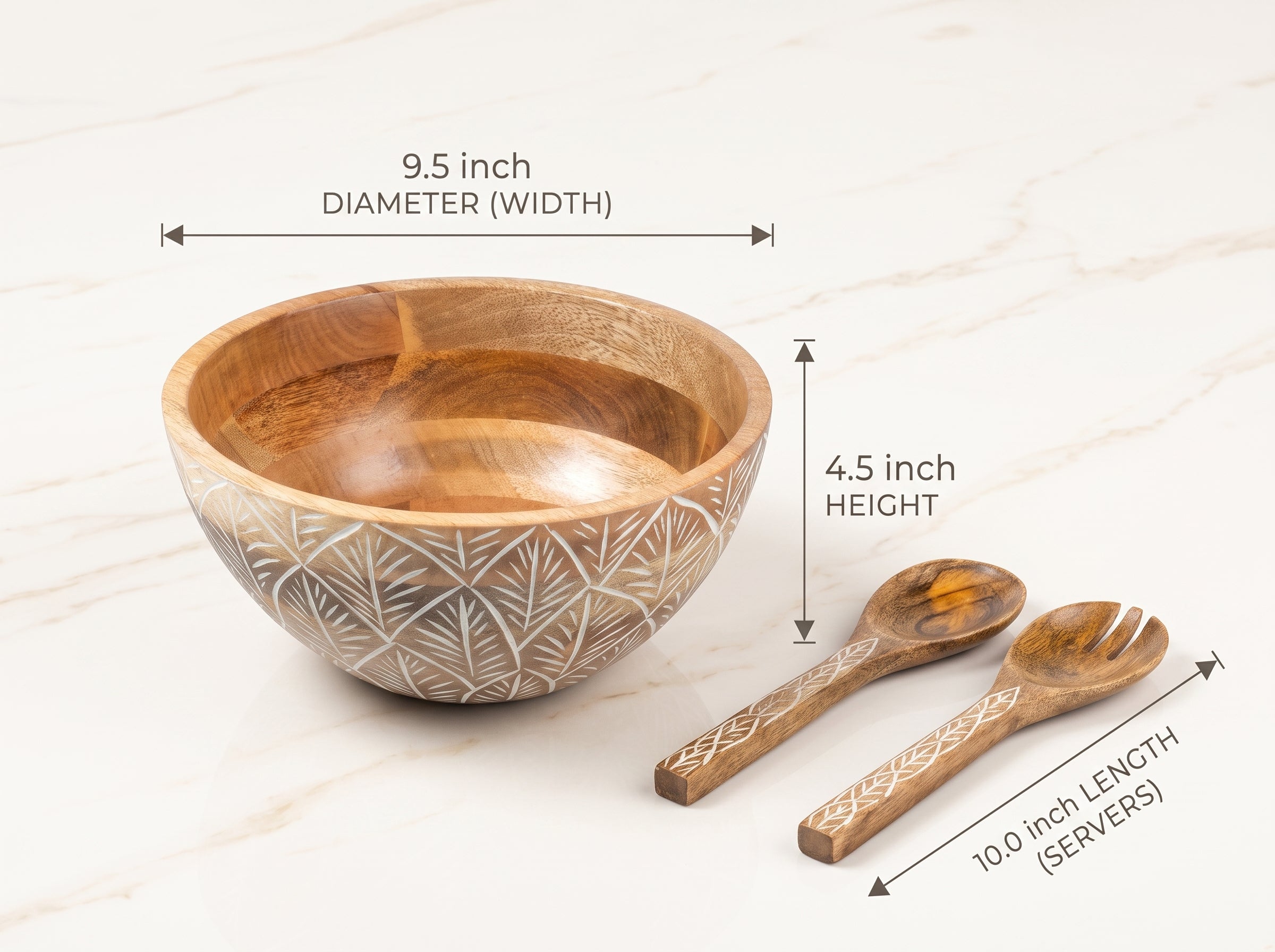 Serving Bowl and Servers with White Washed Carving