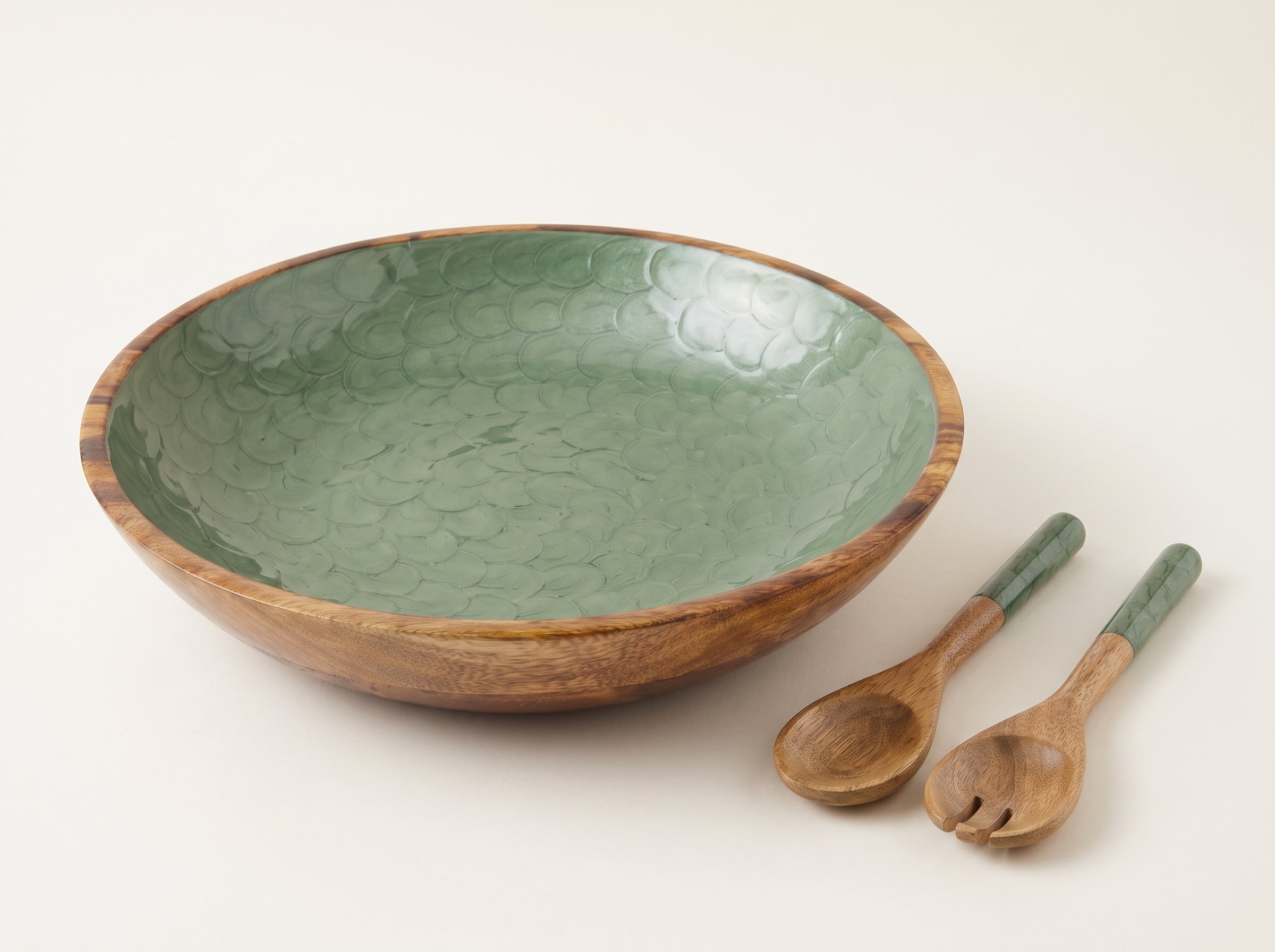 Large Bowl & Servers with Olive Green Pearl Enamel